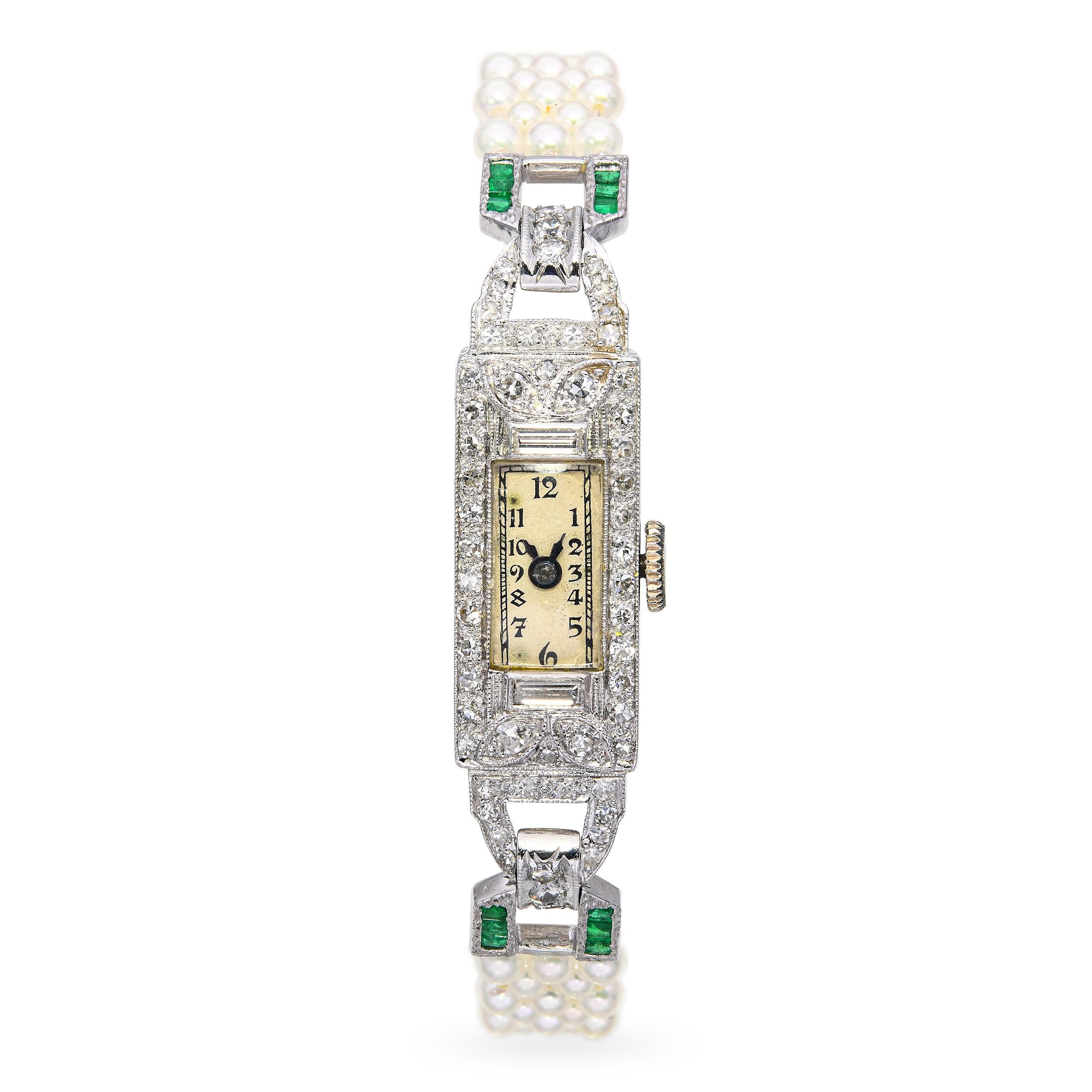 Art Deco Raymond Watch Co Platinum Diamond and Emerald Watch with Pearl Bracelet
