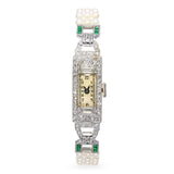 Art Deco Raymond Watch Co Platinum Diamond and Emerald Watch with Pearl Bracelet