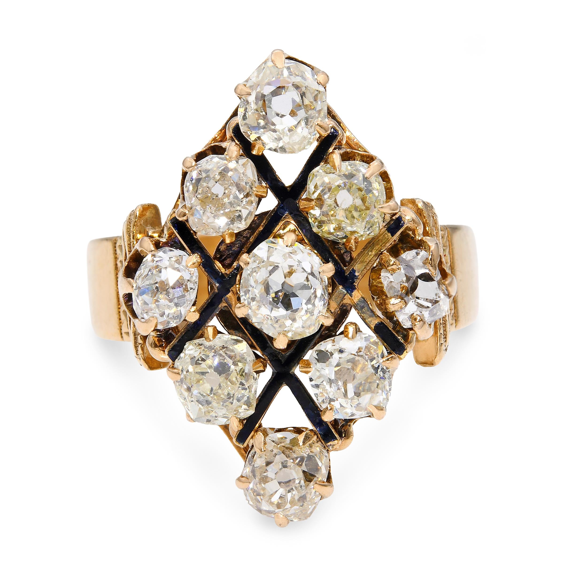 Antique 18K Yellow Gold 1.53tcw Old Mine Cut Diamond Cluster Ring
