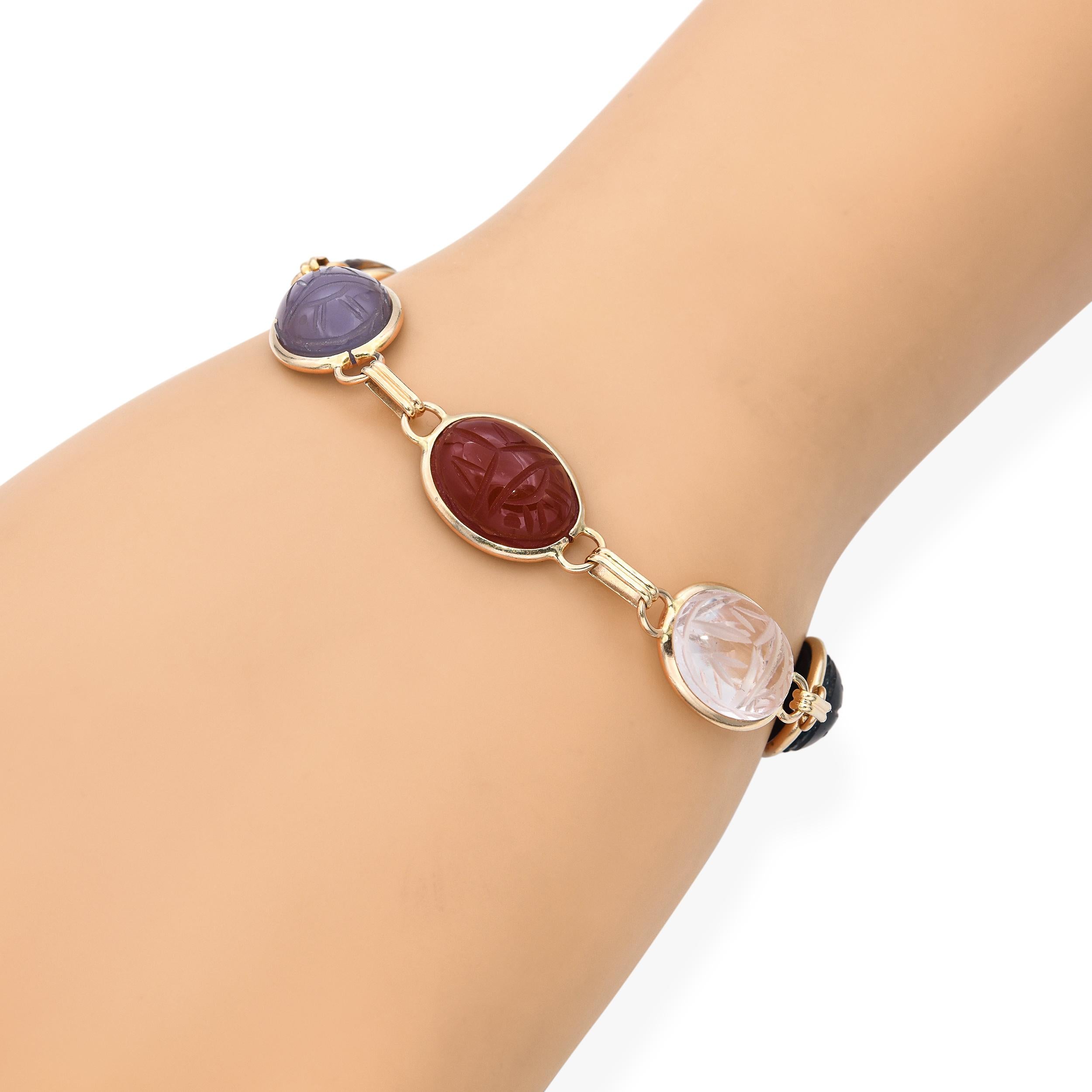 14k Yellow Gold Onyx Tigers Eye Chalcedony and Rock Crystal Scarab Bracelet