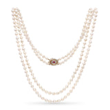 Vintage 14k Yellow Gold Ruby & Diamond Clasp Multi-Strand Pearl Necklace
