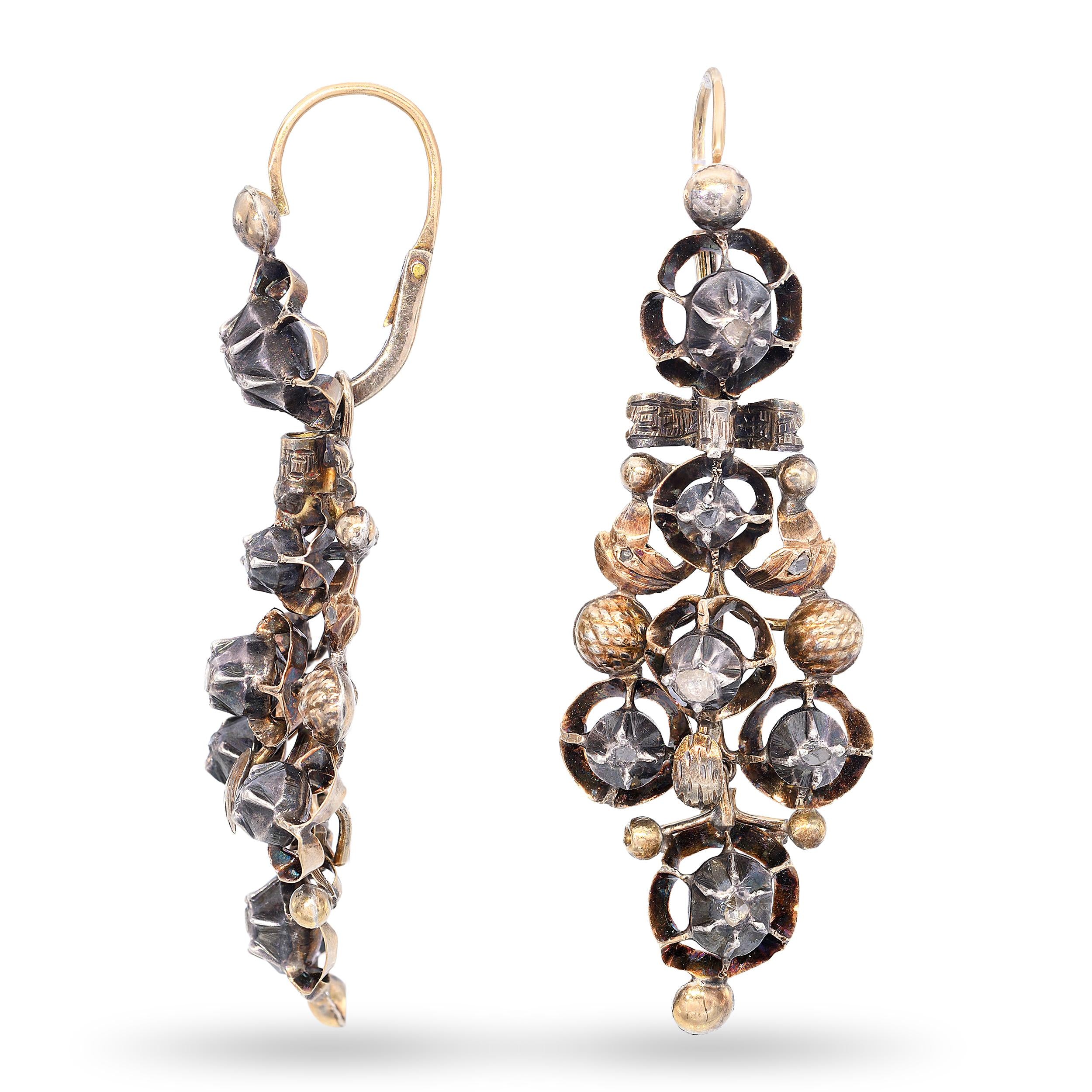 Antique Yellow Gold and Silver Georgian Rose Cut Diamond Earrings