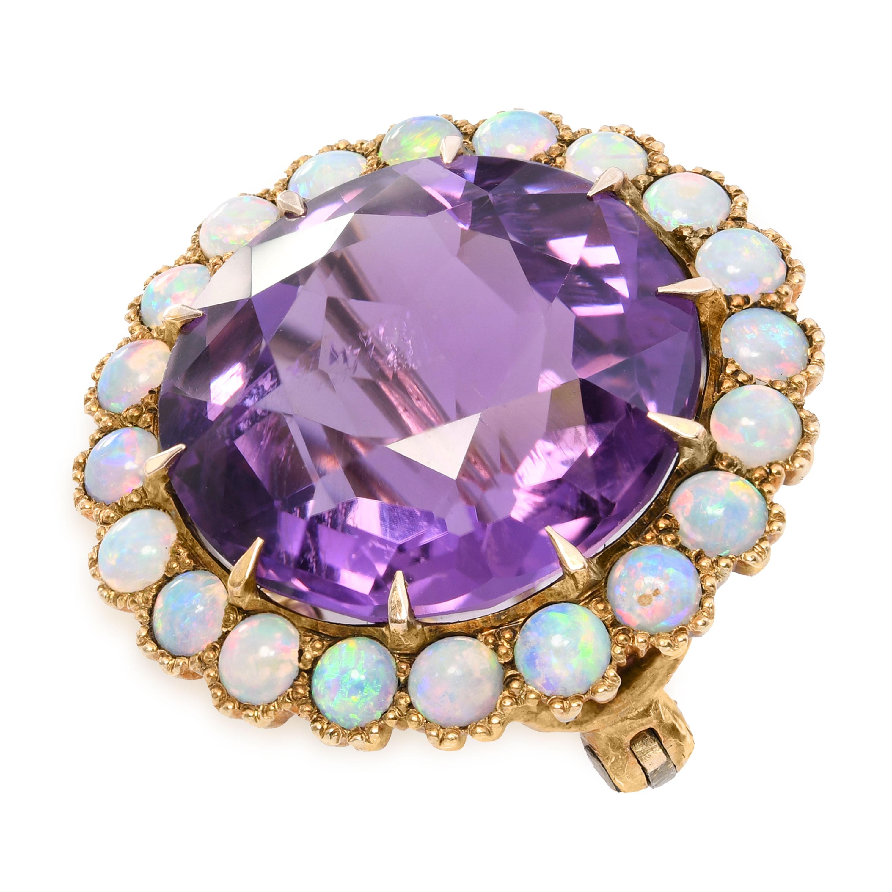 Victorian Yellow Gold 30.7ct Amethyst and Opal Pendant Brooch