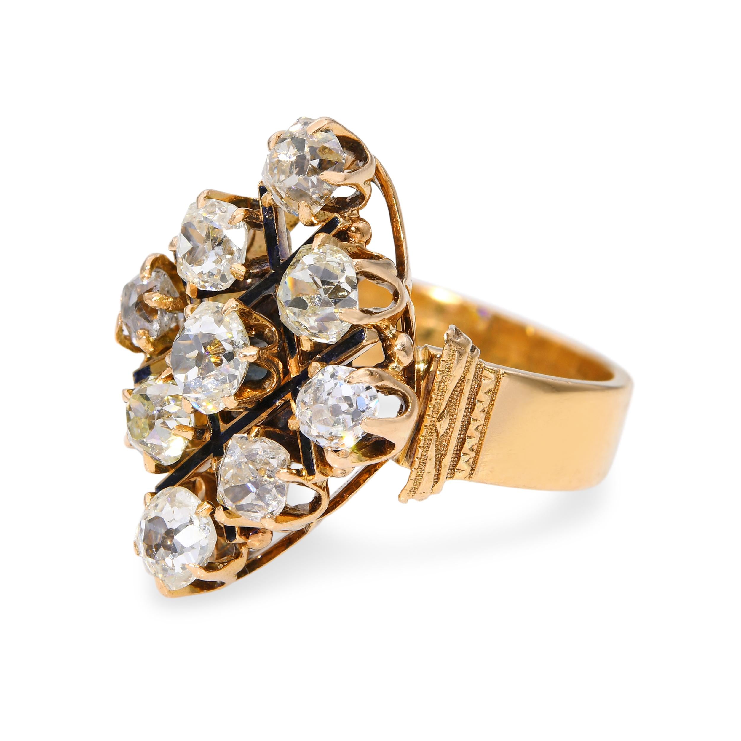Antique 18K Yellow Gold 1.53tcw Old Mine Cut Diamond Cluster Ring