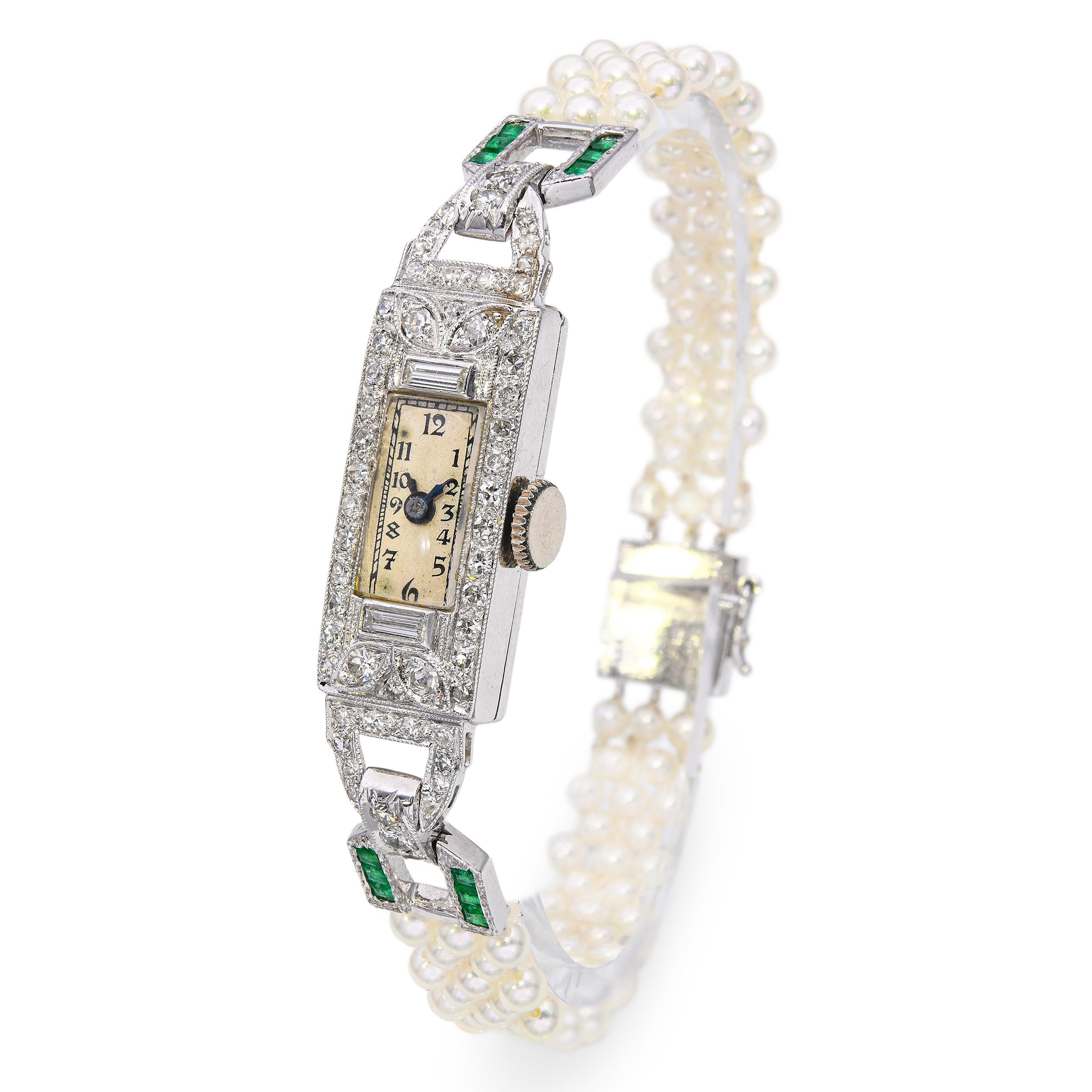 Art Deco Raymond Watch Co Platinum Diamond and Emerald Watch with Pearl Bracelet