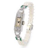 Art Deco Raymond Watch Co Platinum Diamond and Emerald Watch with Pearl Bracelet
