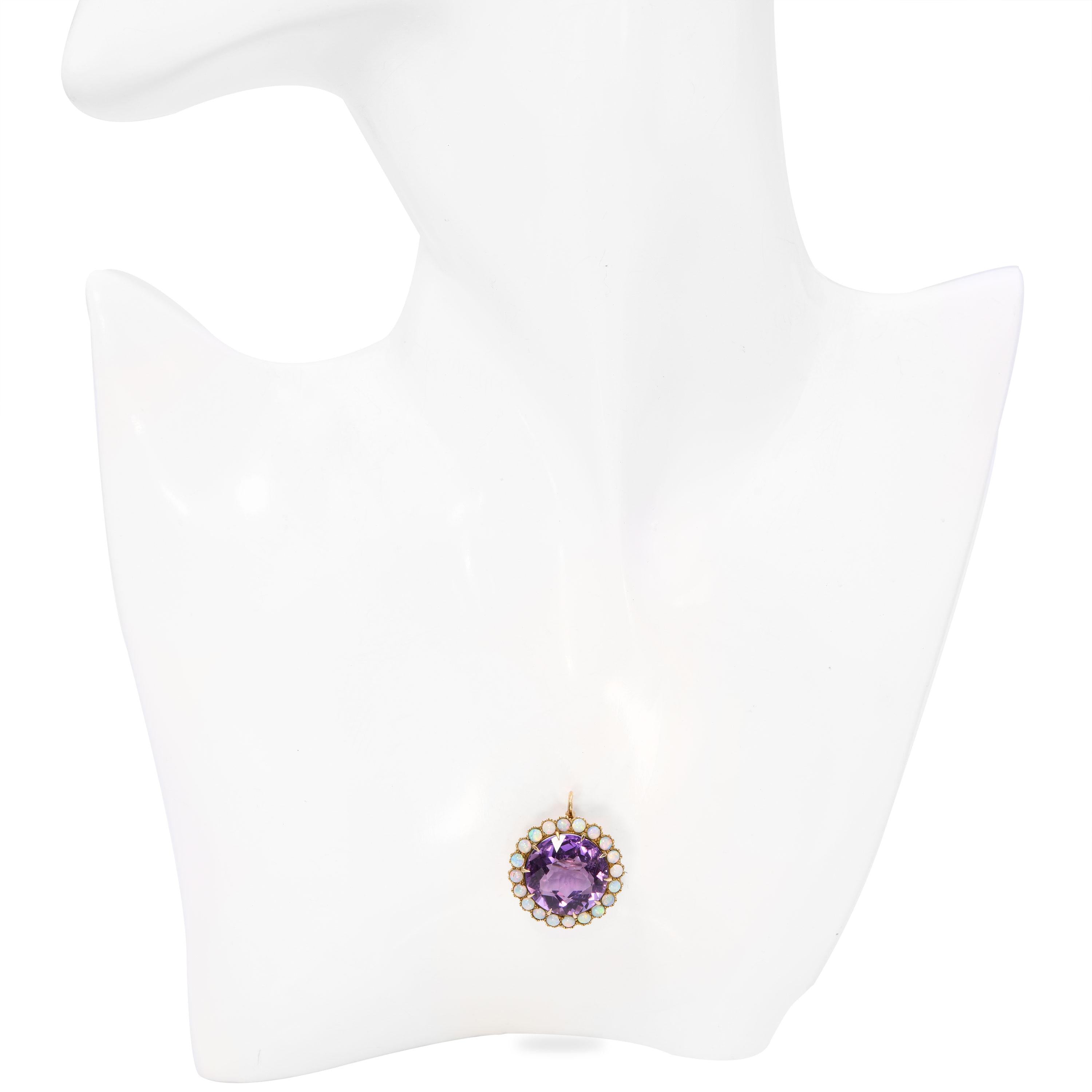 Victorian Yellow Gold 30.7ct Amethyst and Opal Pendant Brooch
