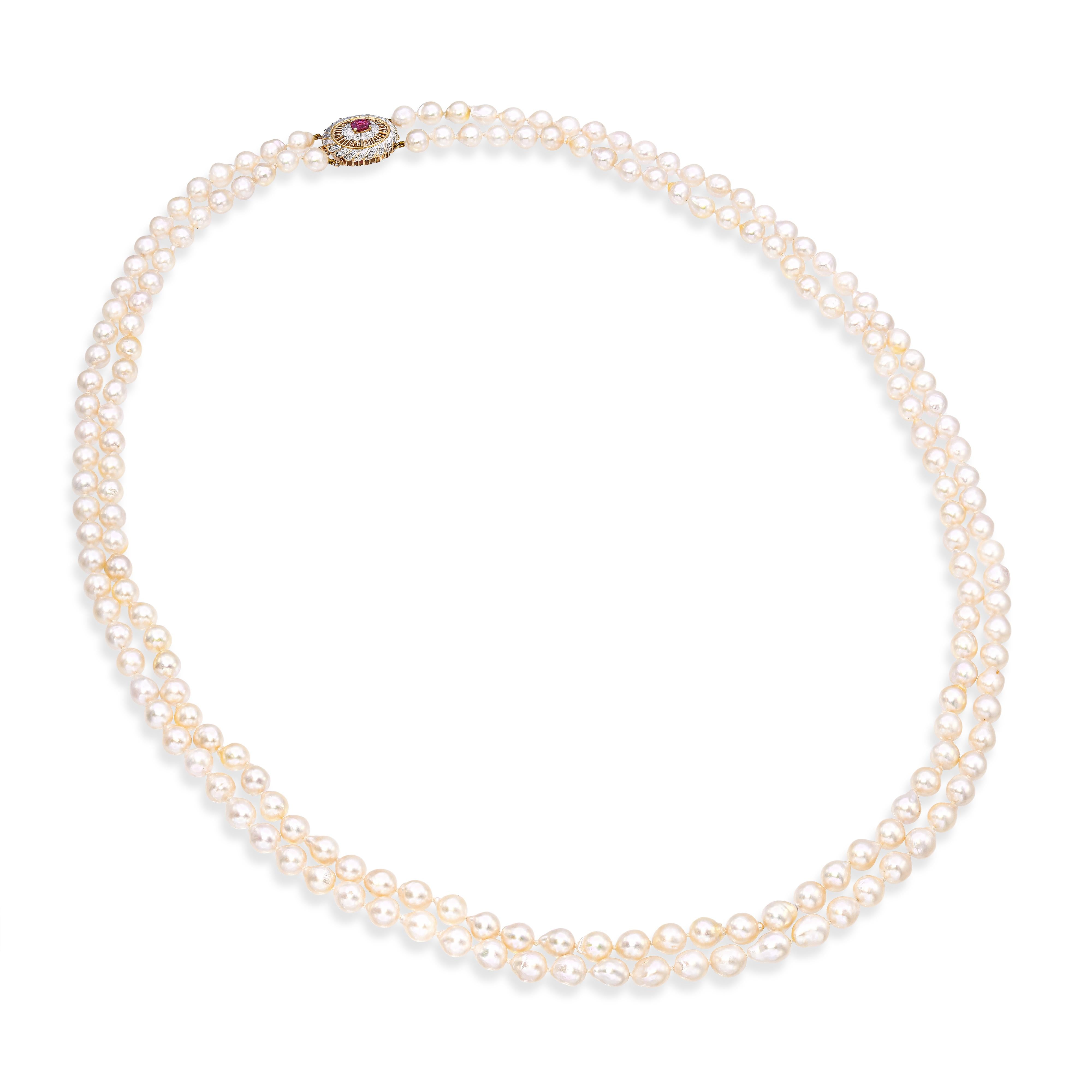 Vintage 14k Yellow Gold Ruby & Diamond Clasp Multi-Strand Pearl Necklace