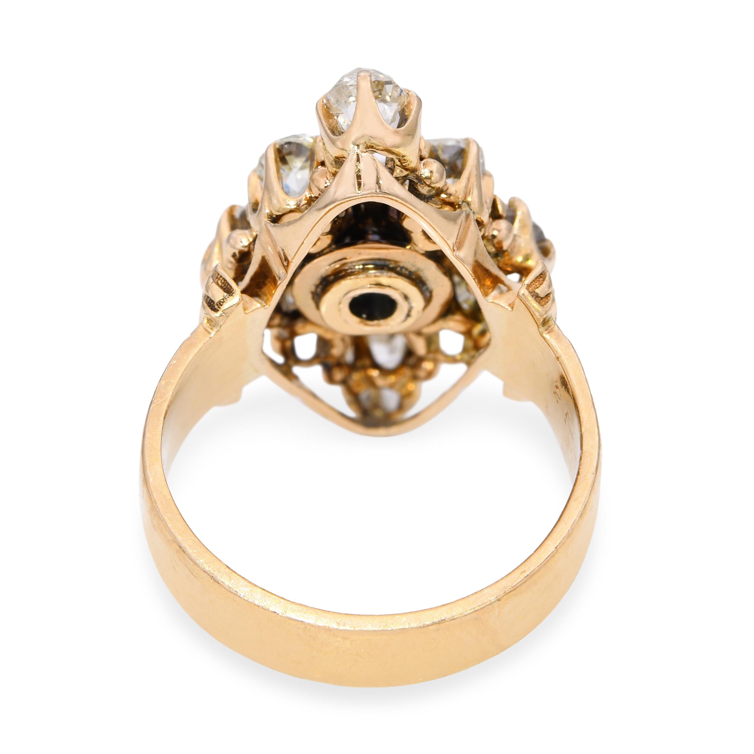 Antique 18K Yellow Gold 1.53tcw Old Mine Cut Diamond Cluster Ring