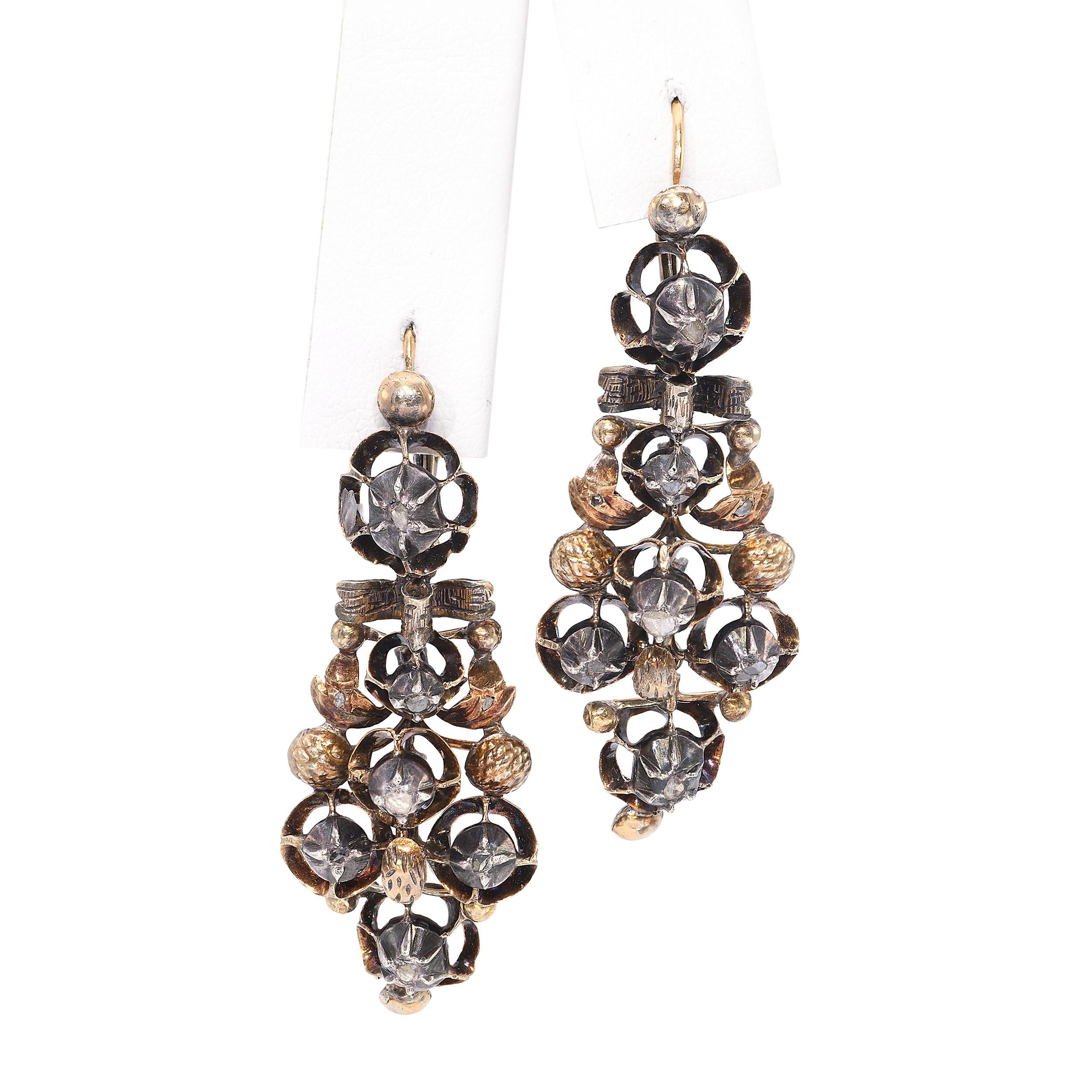 Antique Yellow Gold and Silver Georgian Rose Cut Diamond Earrings