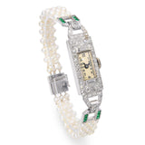 Art Deco Raymond Watch Co Platinum Diamond and Emerald Watch with Pearl Bracelet