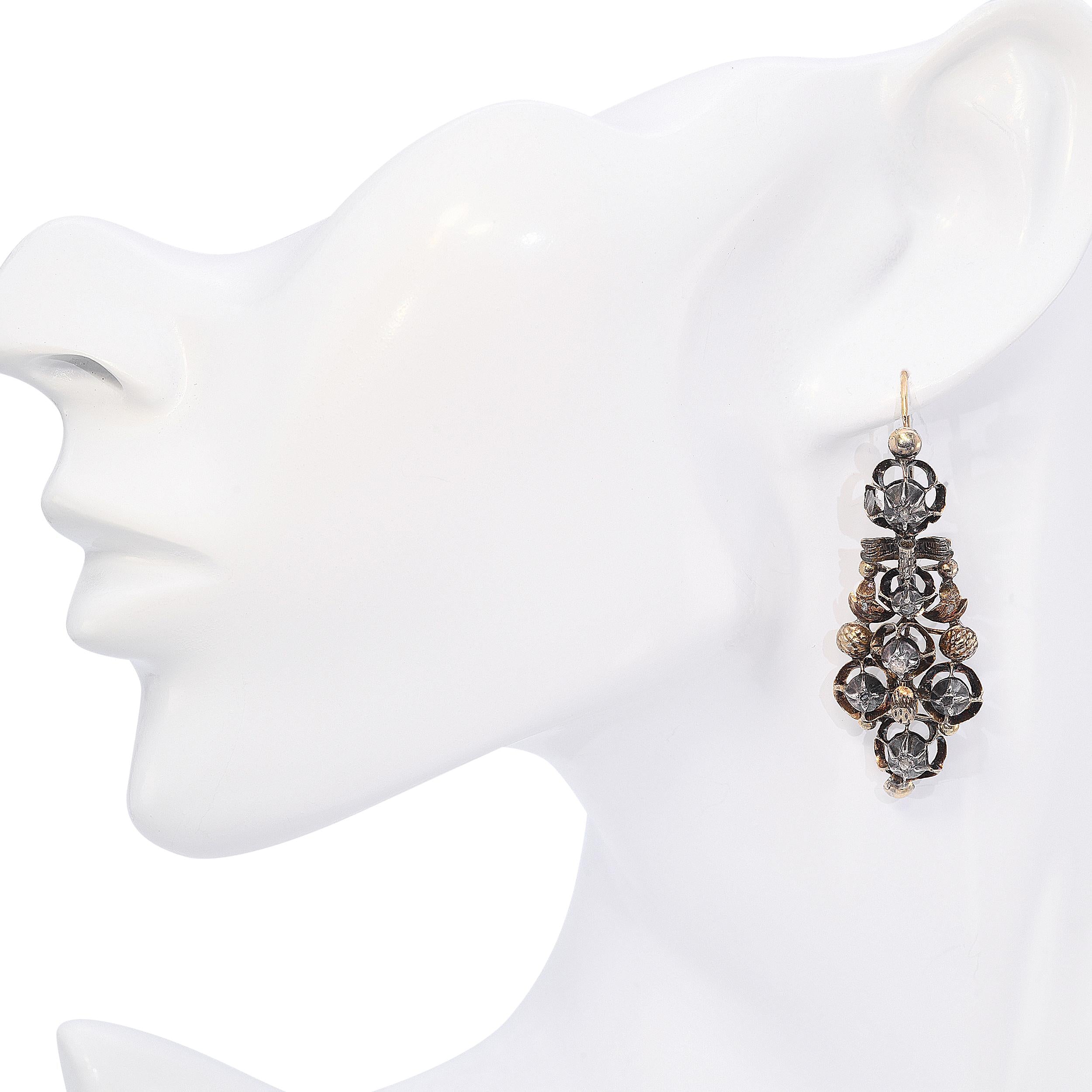 Antique Yellow Gold and Silver Georgian Rose Cut Diamond Earrings