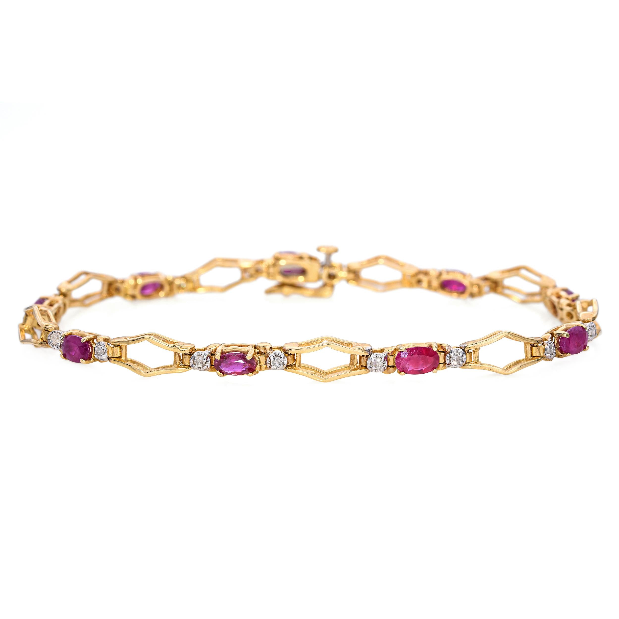 Vintage 14k Yellow Gold 2.25tcw Ruby and 0.1tcw Diamond Tennis Bracelet