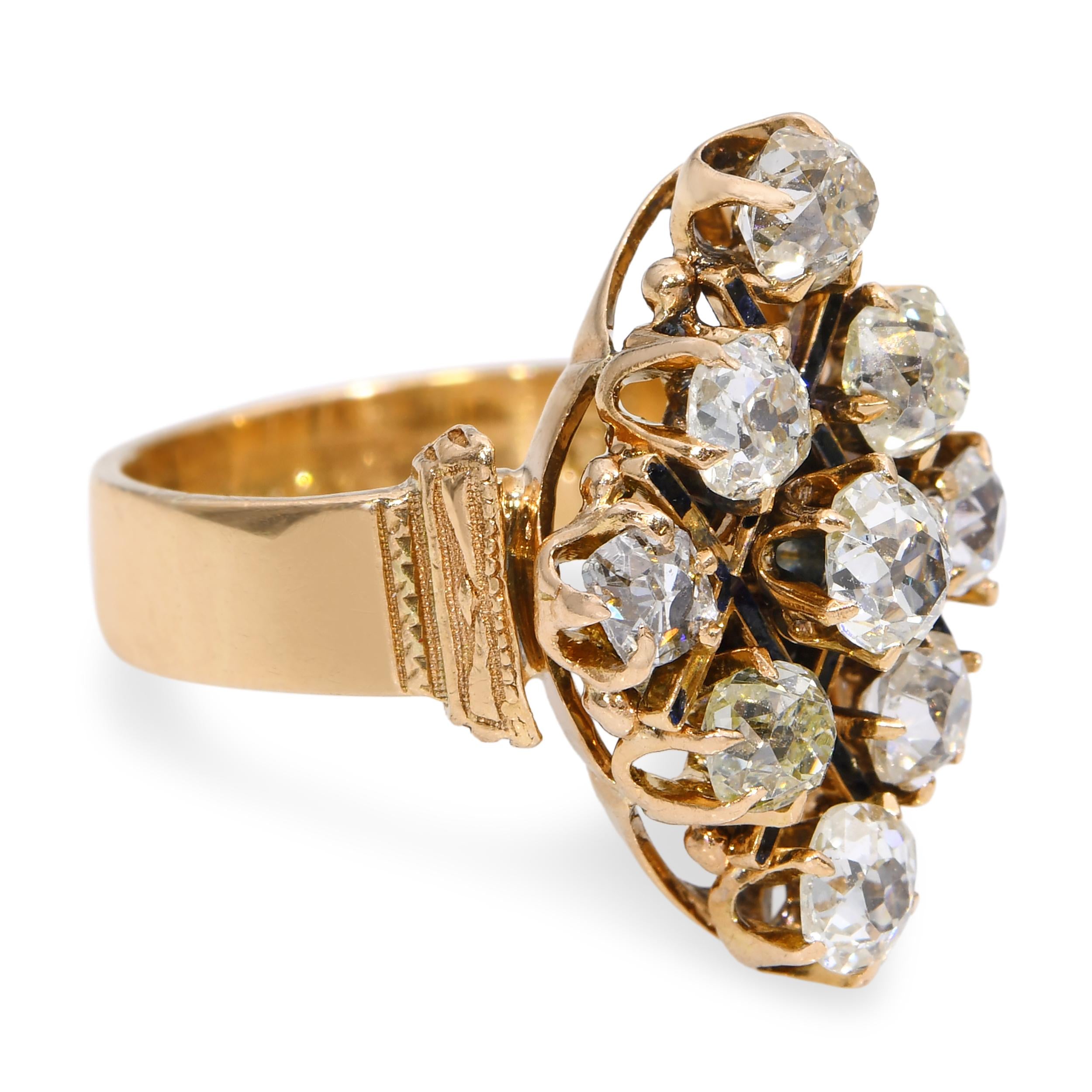 Antique 18K Yellow Gold 1.53tcw Old Mine Cut Diamond Cluster Ring