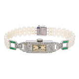 Art Deco Raymond Watch Co Platinum Diamond and Emerald Watch with Pearl Bracelet