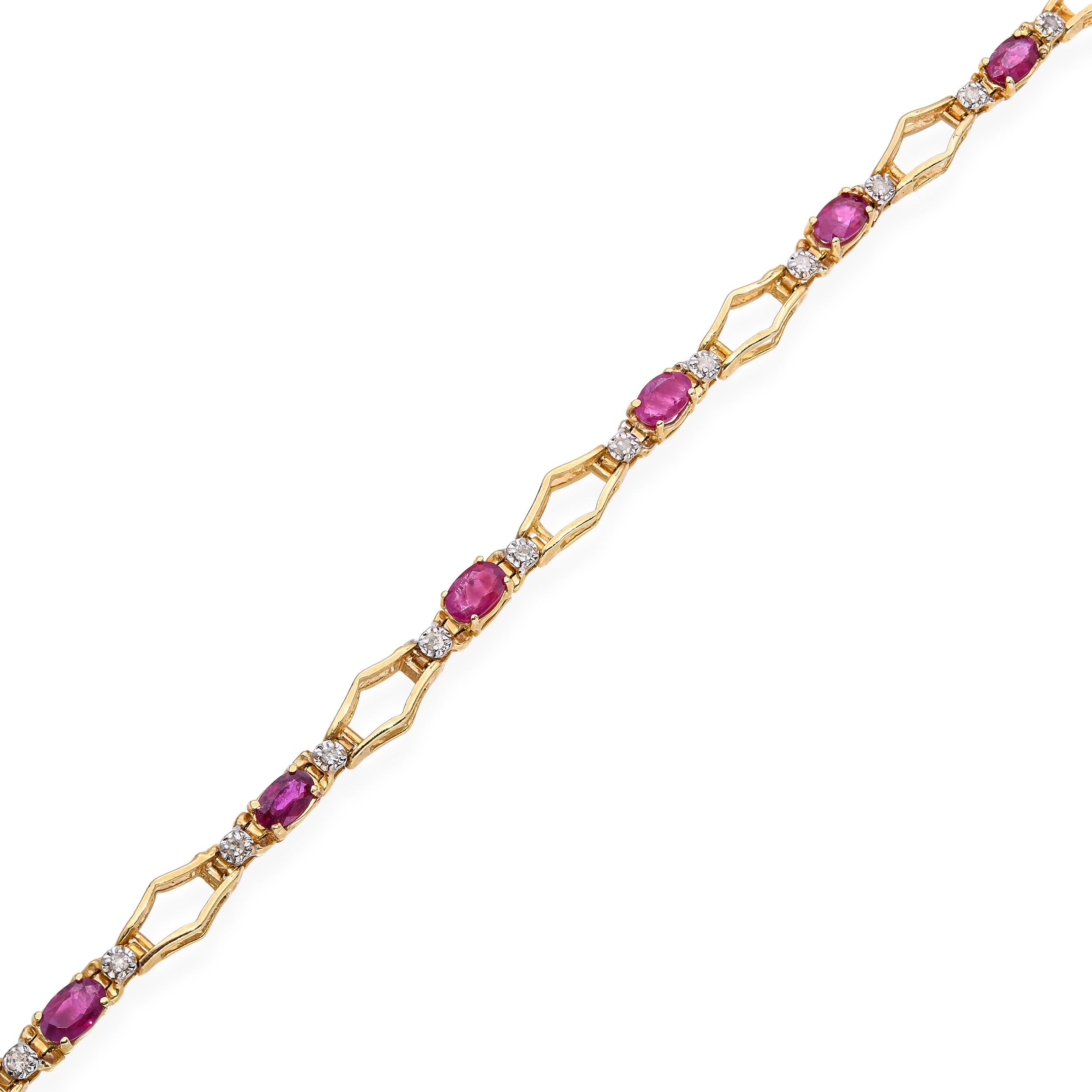 Vintage 14k Yellow Gold 2.25tcw Ruby and 0.1tcw Diamond Tennis Bracelet