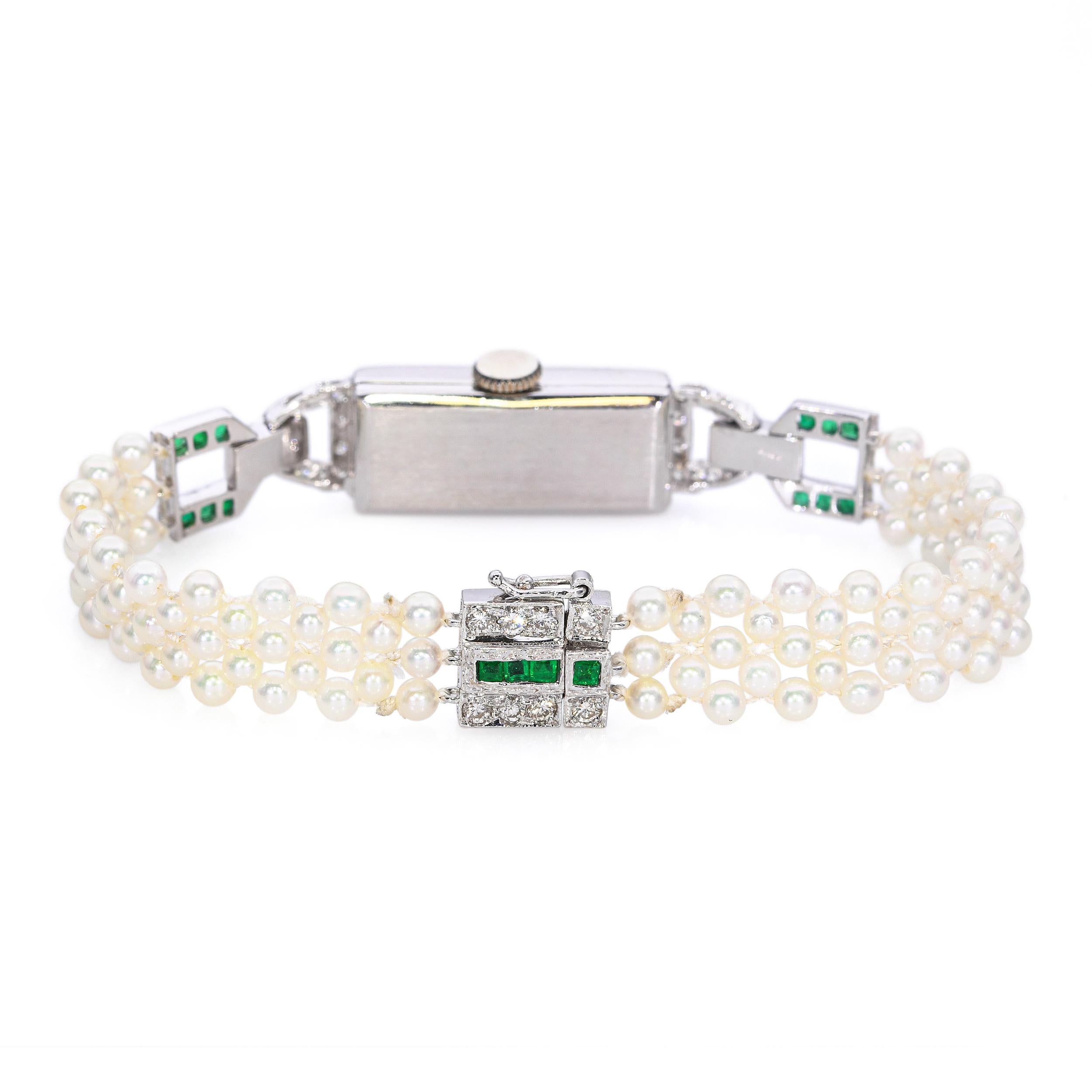 Art Deco Raymond Watch Co Platinum Diamond and Emerald Watch with Pearl Bracelet