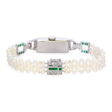 Art Deco Raymond Watch Co Platinum Diamond and Emerald Watch with Pearl Bracelet