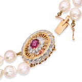 Vintage 14k Yellow Gold Ruby & Diamond Clasp Multi-Strand Pearl Necklace
