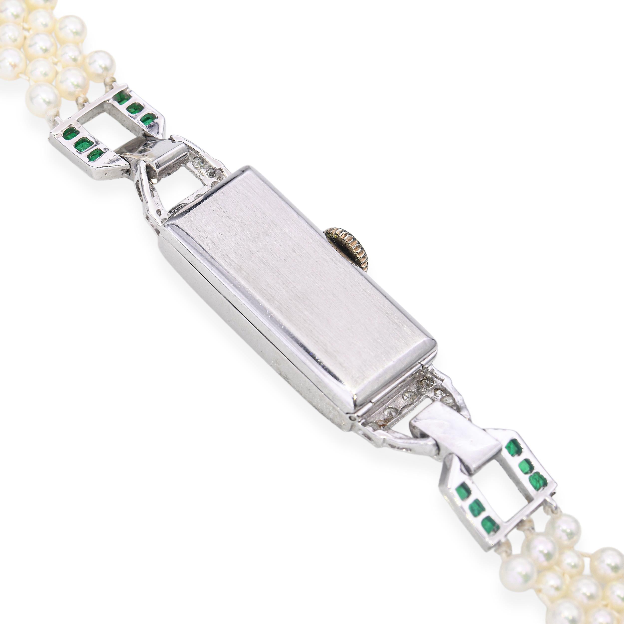 Art Deco Raymond Watch Co Platinum Diamond and Emerald Watch with Pearl Bracelet