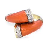 Vintage 14k Yellow Gold Coral and Diamond Bypass Ring