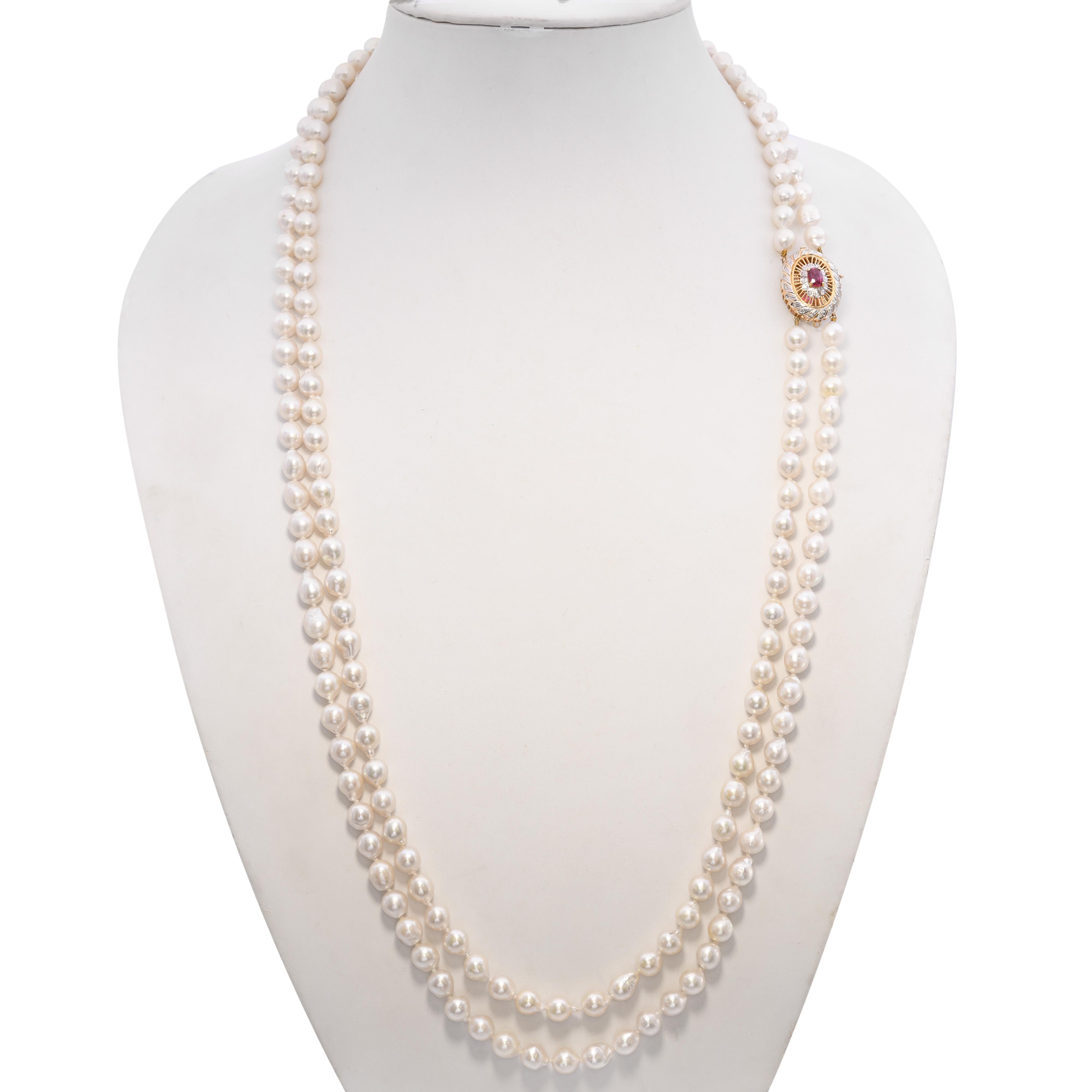 Vintage 14k Yellow Gold Ruby & Diamond Clasp Multi-Strand Pearl Necklace