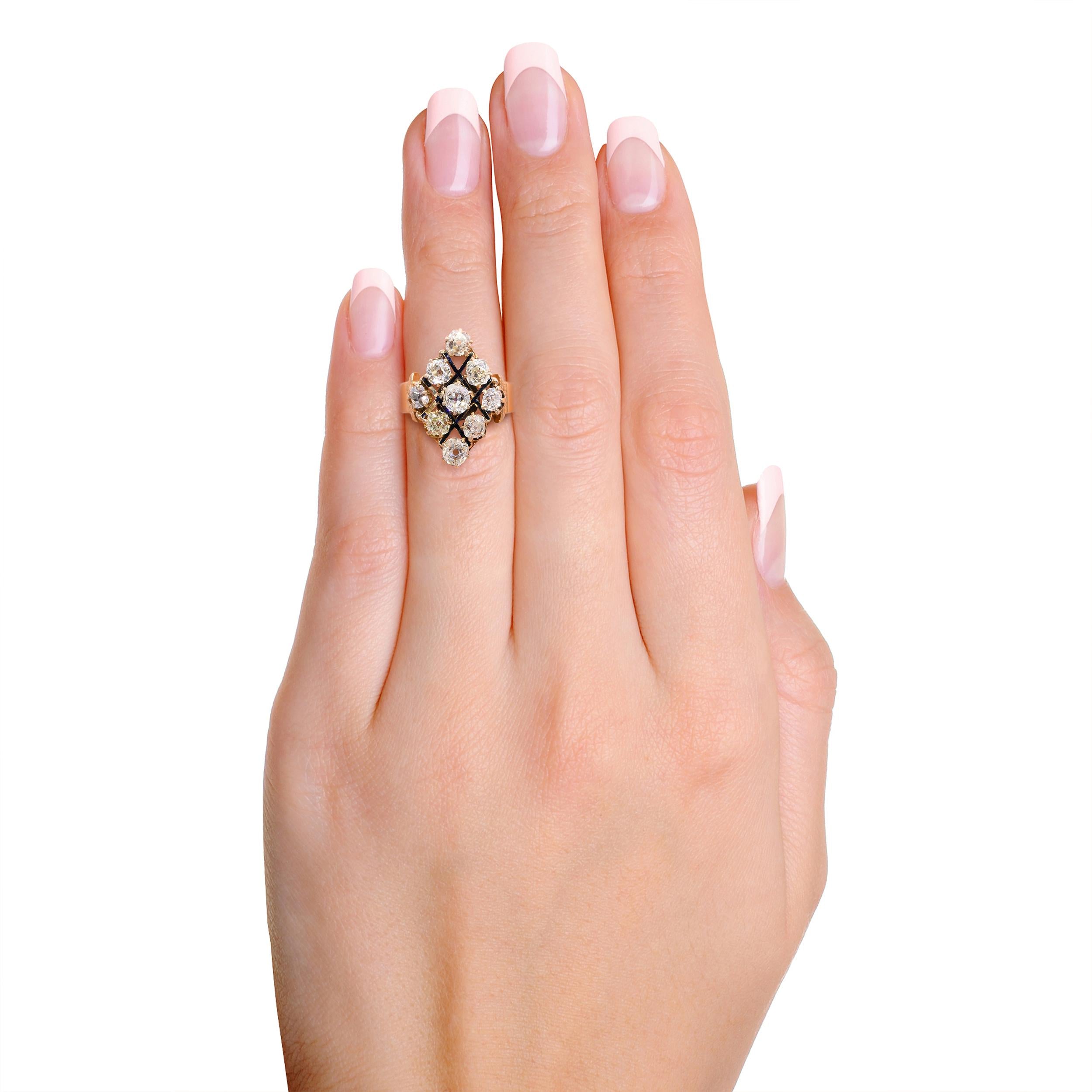 Antique 18K Yellow Gold 1.53tcw Old Mine Cut Diamond Cluster Ring