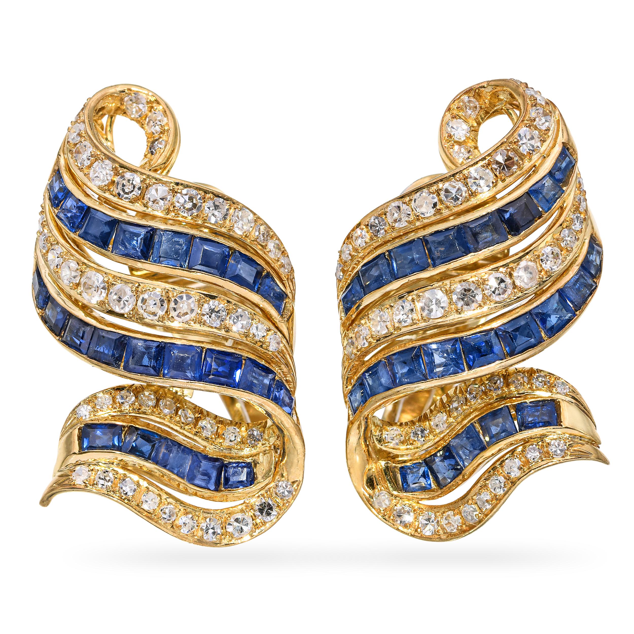 Vintage 14k Yellow Gold 1.43tcw Diamond and 2.3tcw Sapphire Clip on Earrings