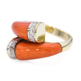 Vintage 14k Yellow Gold Coral and Diamond Bypass Ring