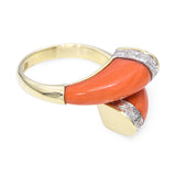 Vintage 14k Yellow Gold Coral and Diamond Bypass Ring