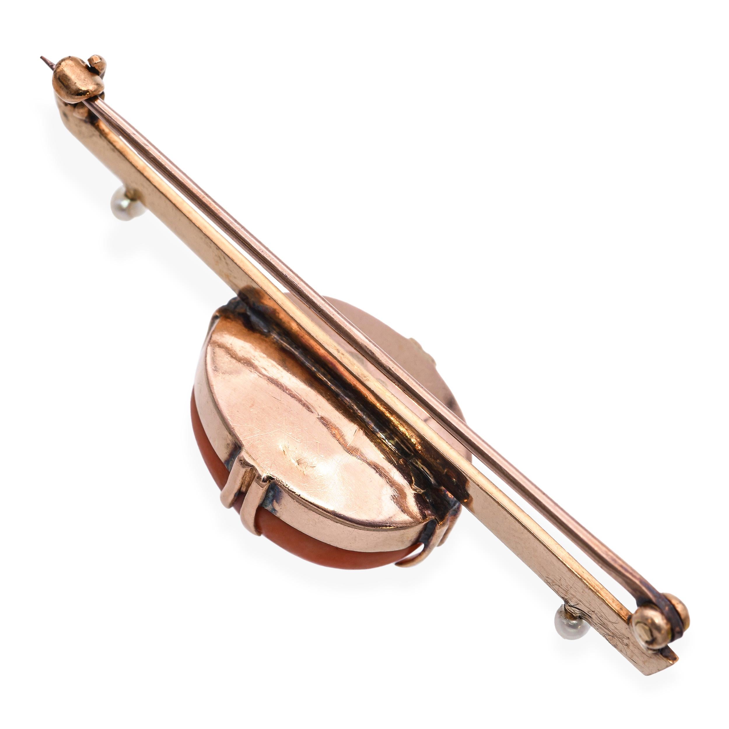 Antique 14k Yellow Gold Coral and Pearl Bar Brooch