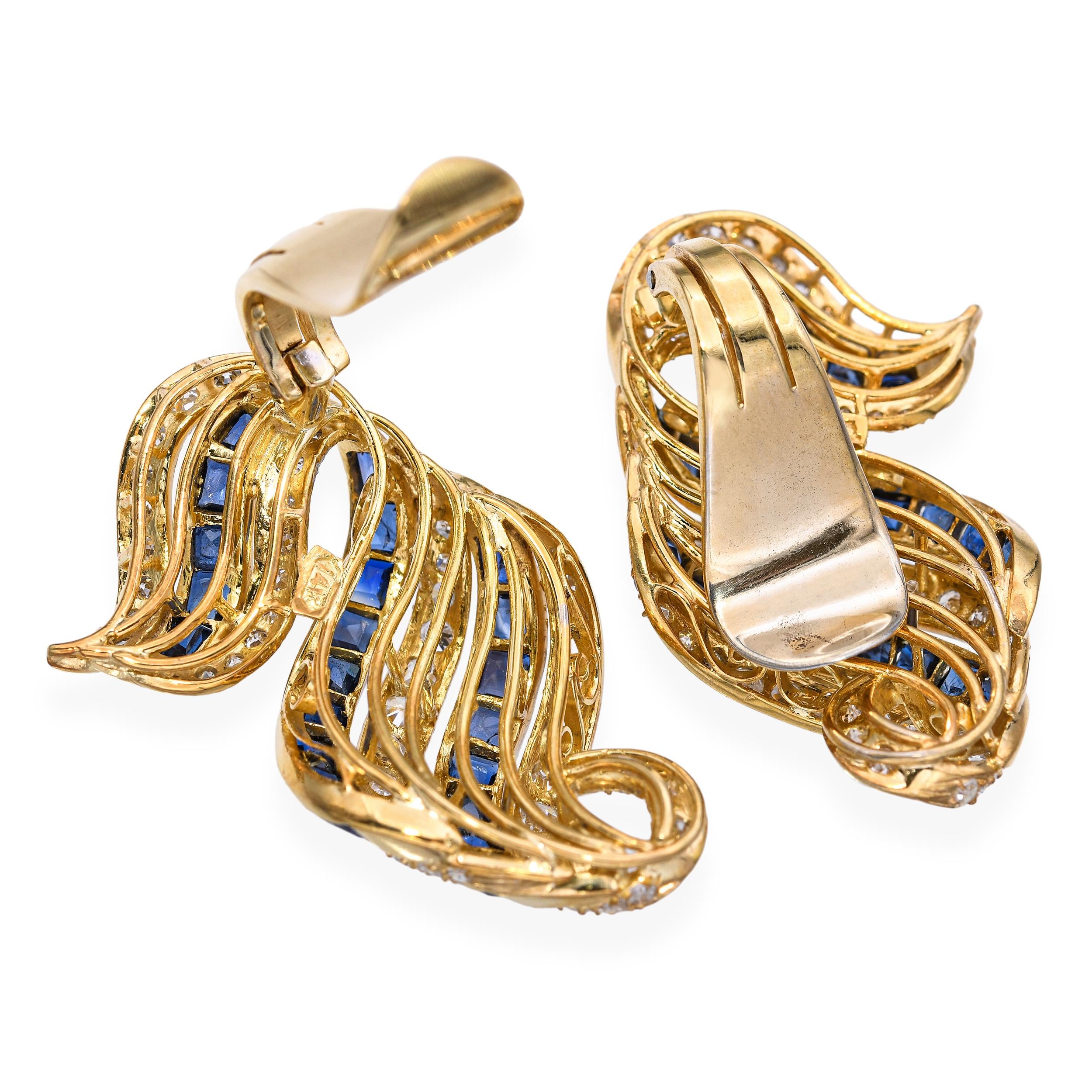 Vintage 14k Yellow Gold 1.43tcw Diamond and 2.3tcw Sapphire Clip on Earrings