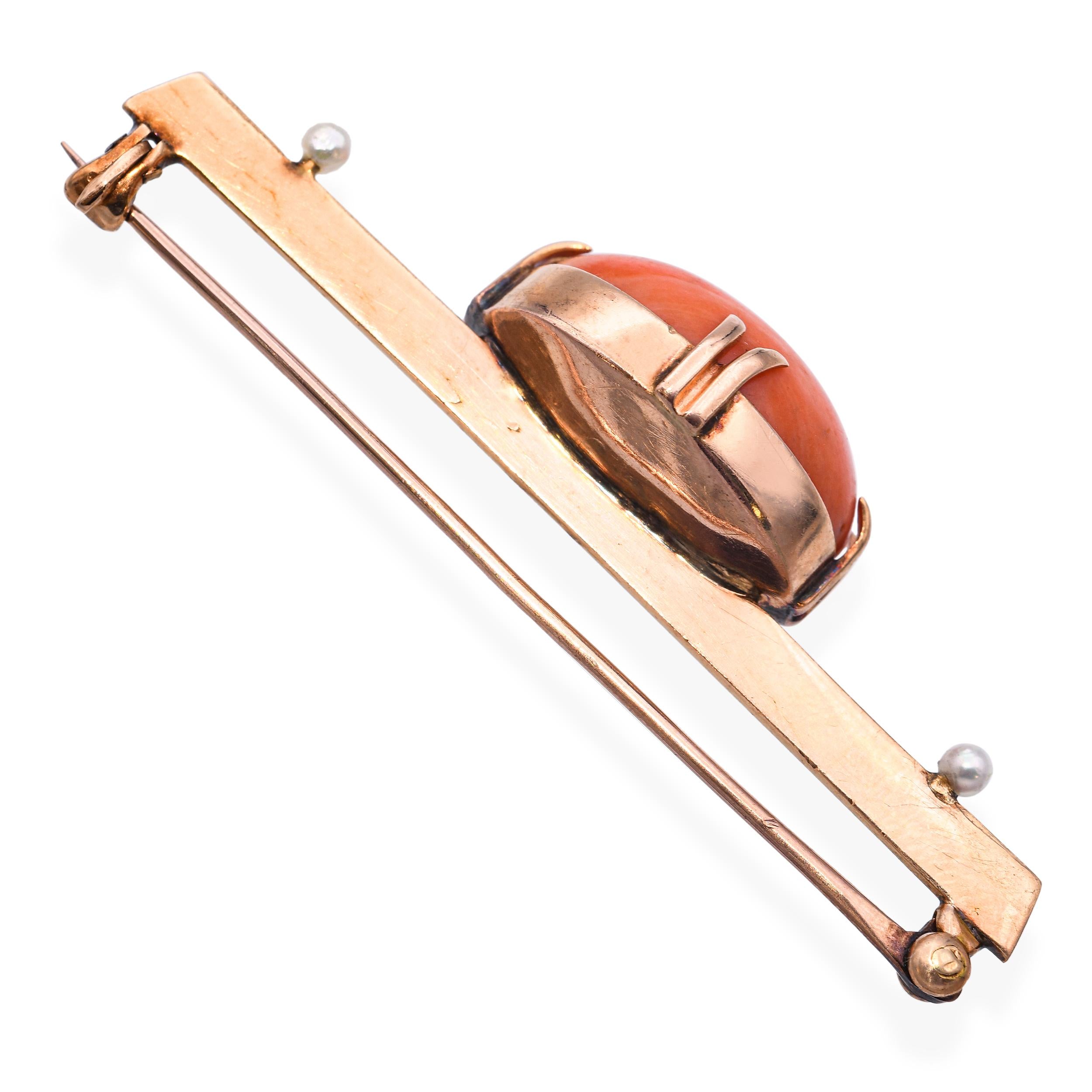 Antique 14k Yellow Gold Coral and Pearl Bar Brooch