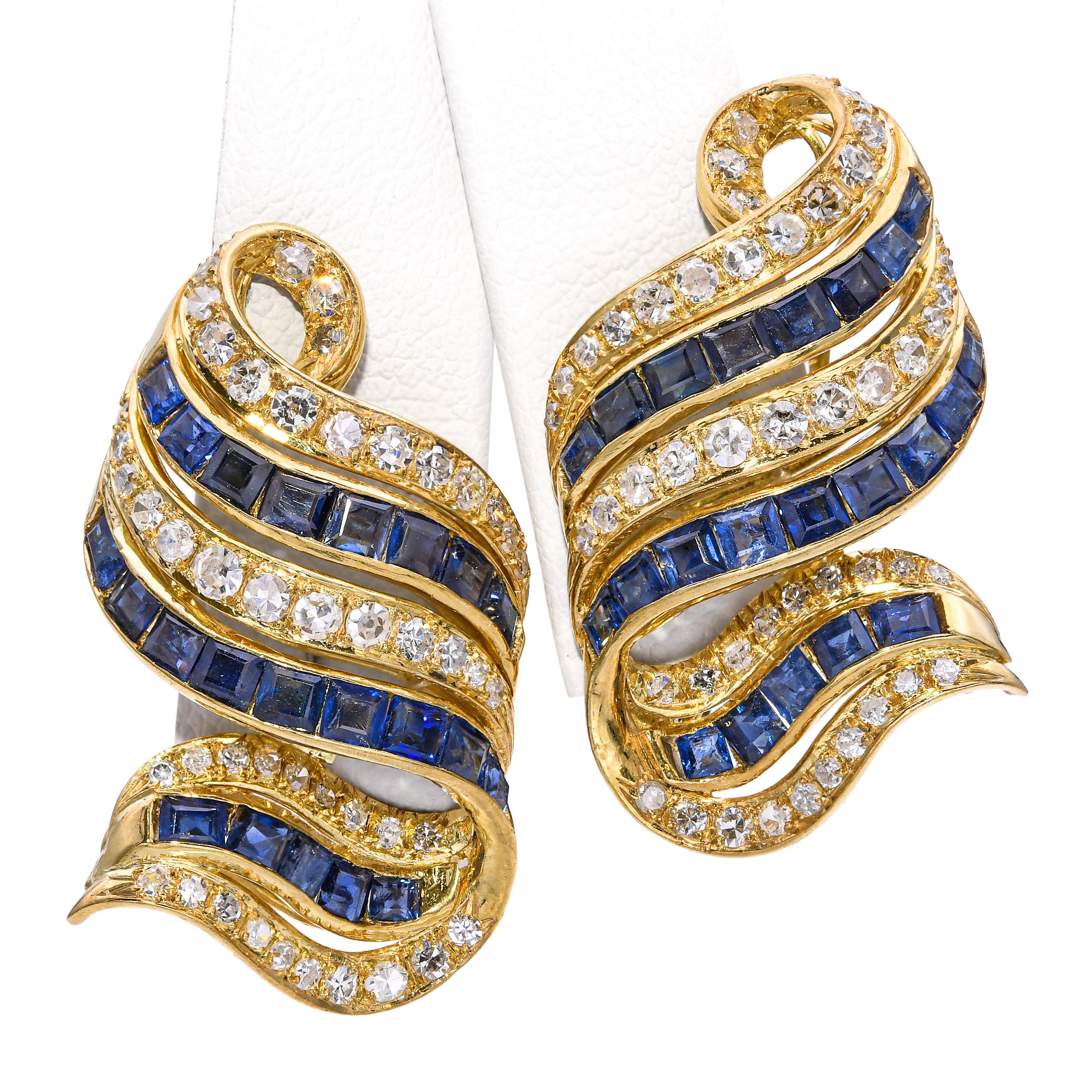 Vintage 14k Yellow Gold 1.43tcw Diamond and 2.3tcw Sapphire Clip on Earrings