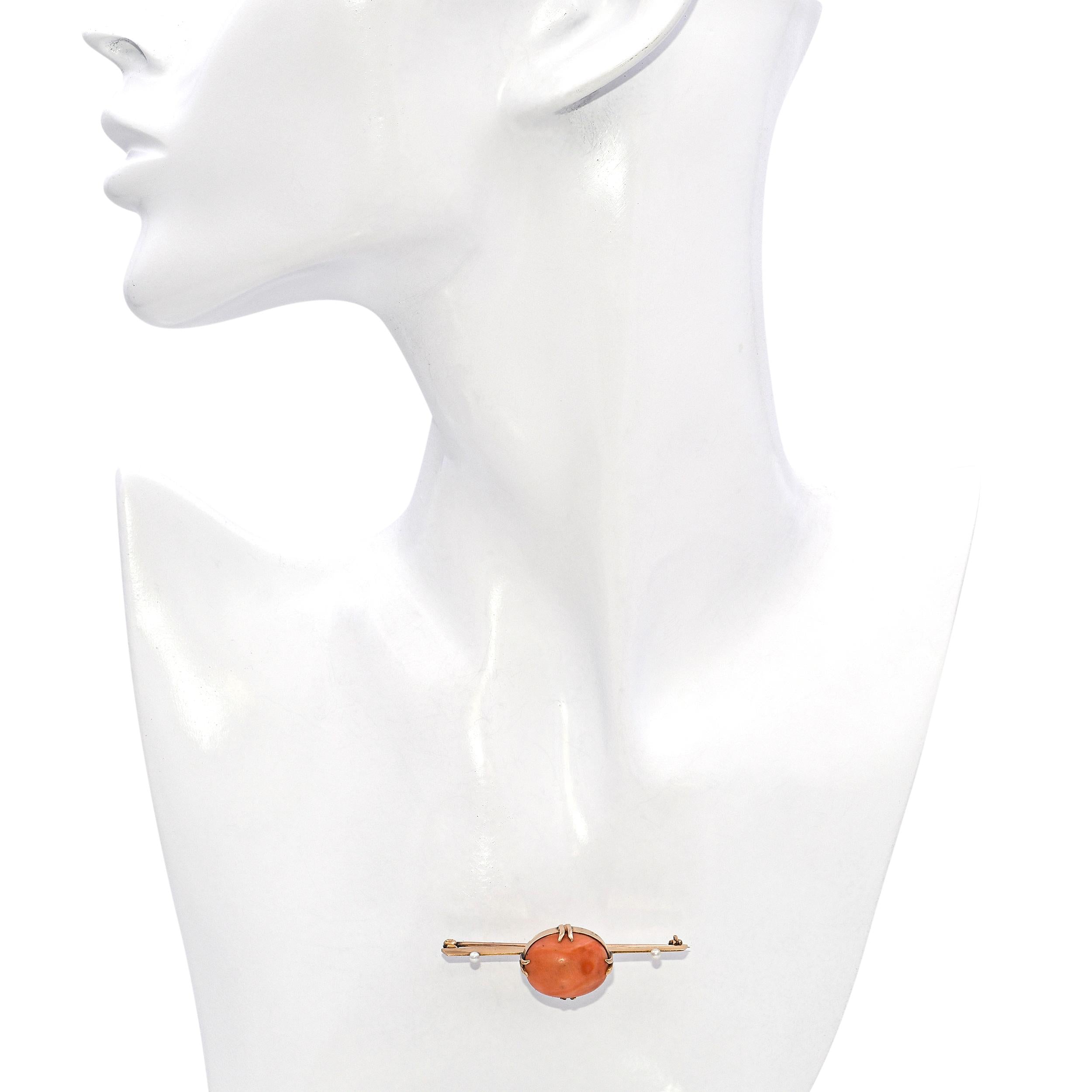 Antique 14k Yellow Gold Coral and Pearl Bar Brooch