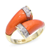 Vintage 14k Yellow Gold Coral and Diamond Bypass Ring