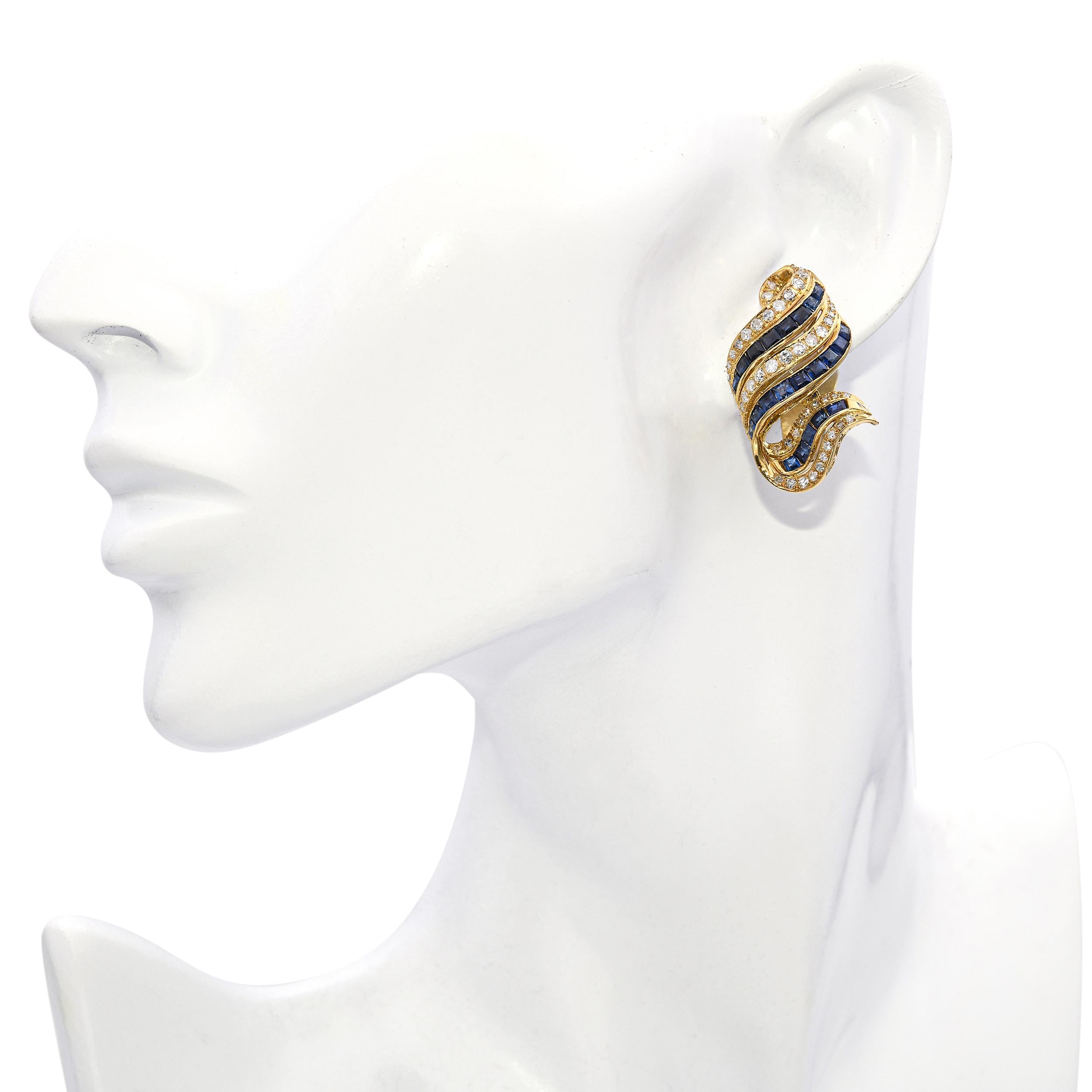 Vintage 14k Yellow Gold 1.43tcw Diamond and 2.3tcw Sapphire Clip on Earrings