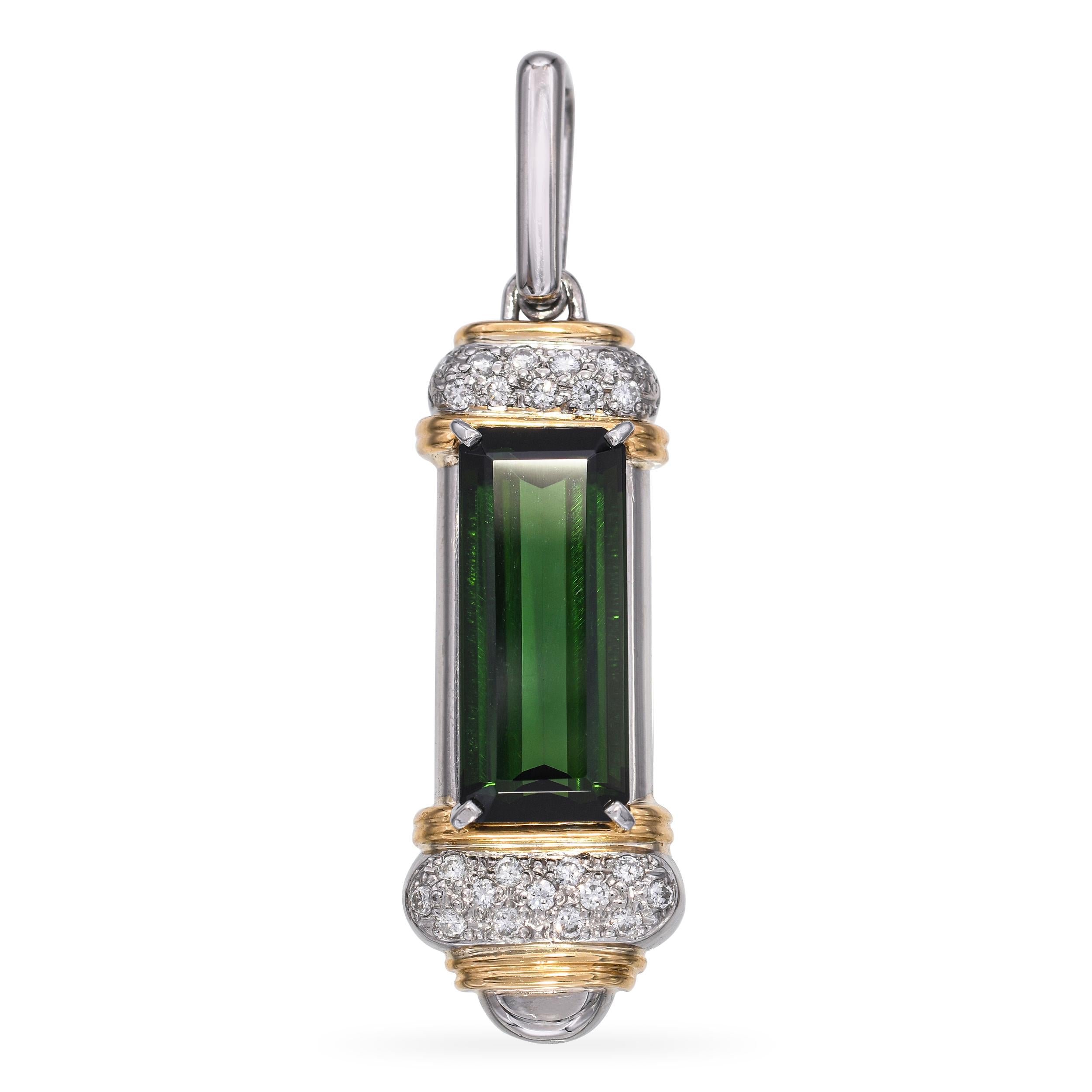 Platinum and 18k Yellow Gold Green Tourmaline and Diamond Pendant
