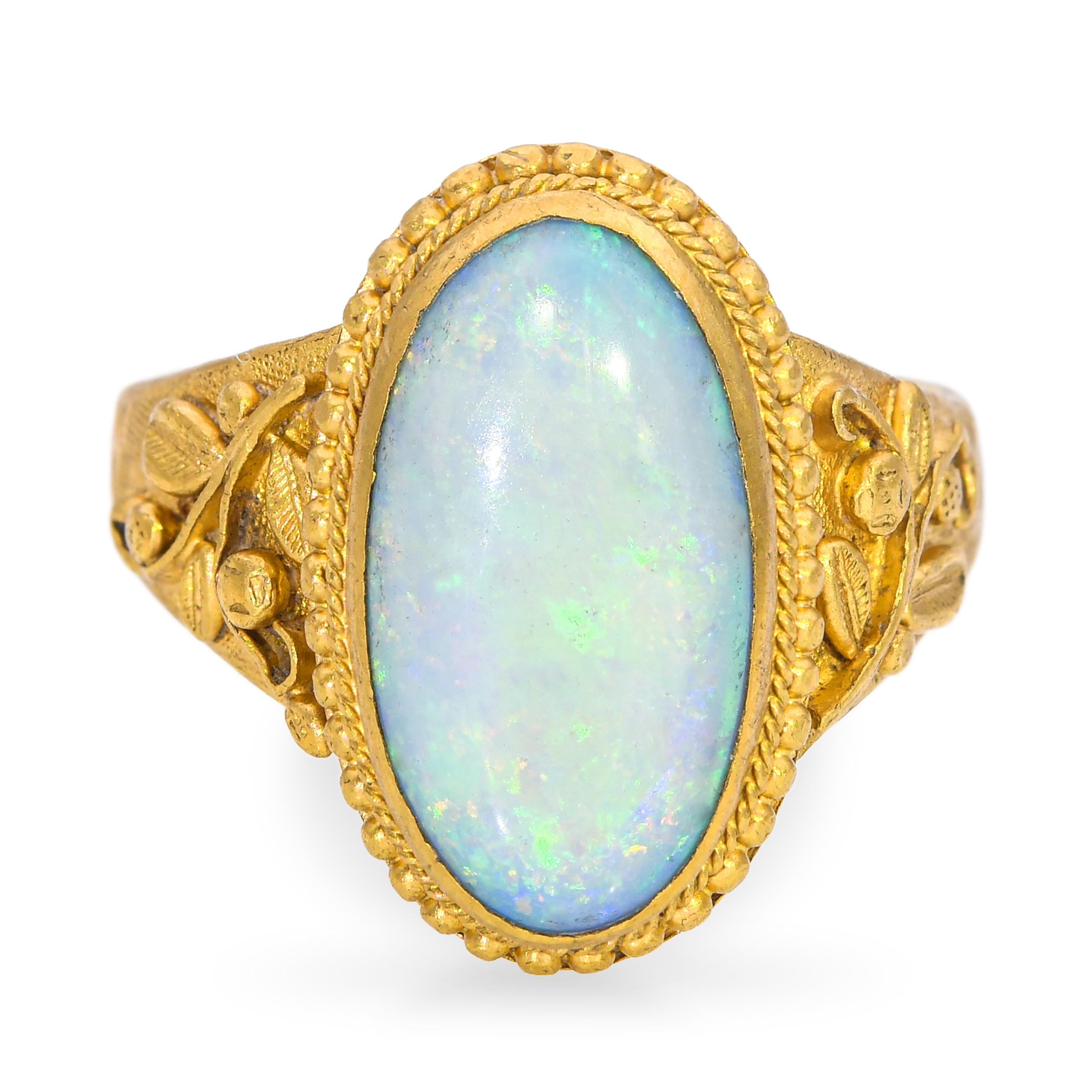 Antique 24k Yellow Gold 3.10ct Australian Opal Floral Ring