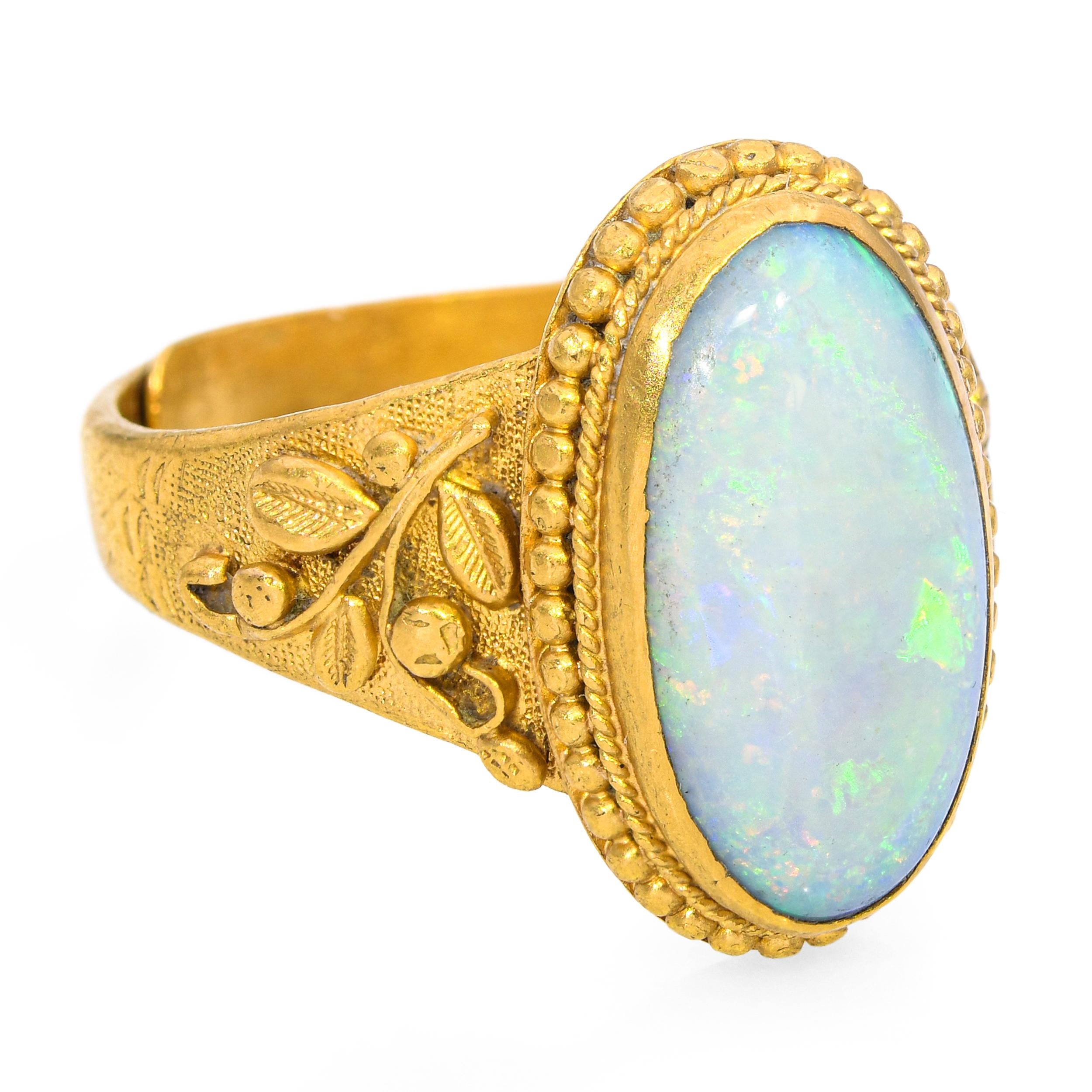 Antique 24k Yellow Gold 3.10ct Australian Opal Floral Ring