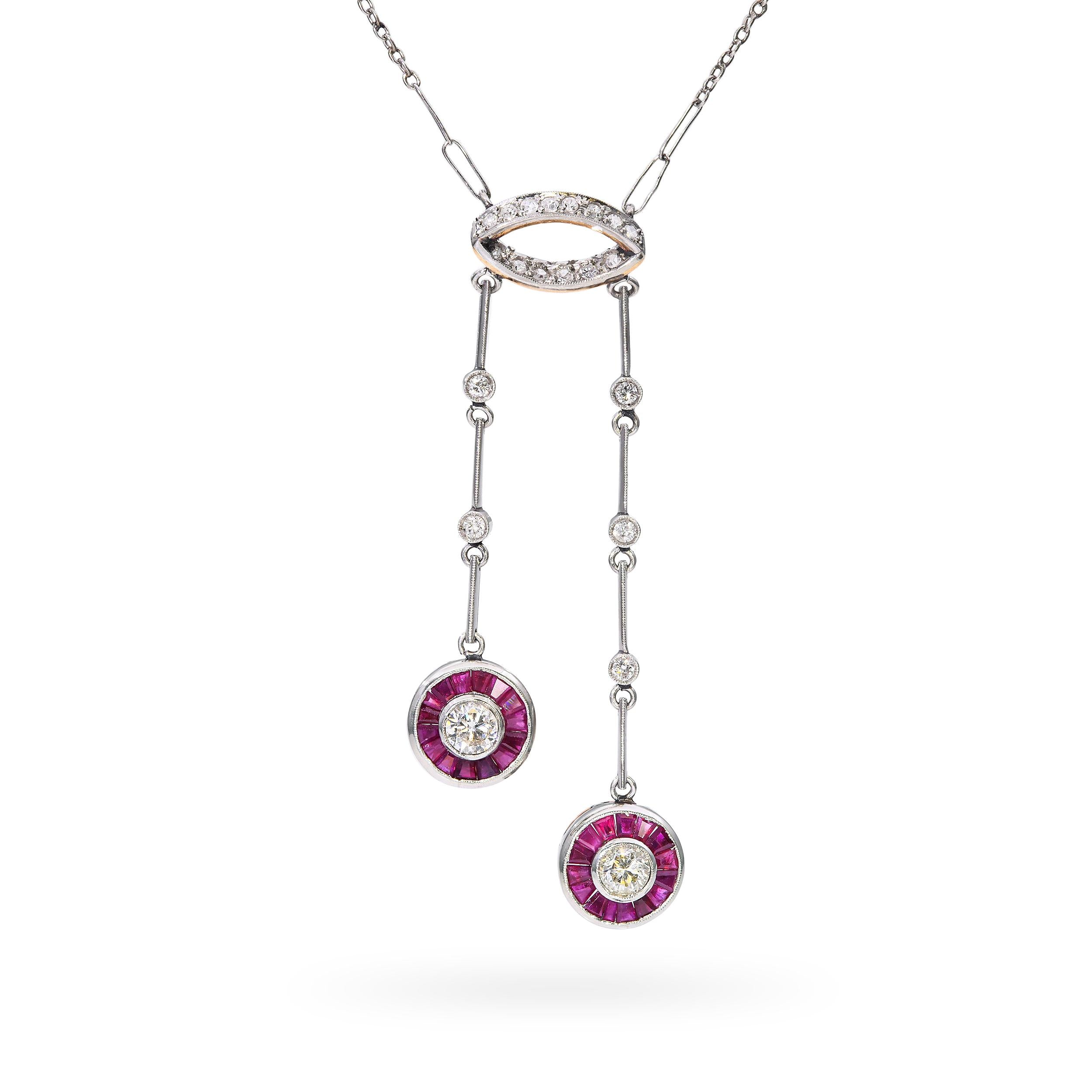 Art Deco Yellow Gold & Platinum Diamond and Ruby Drop Necklace
