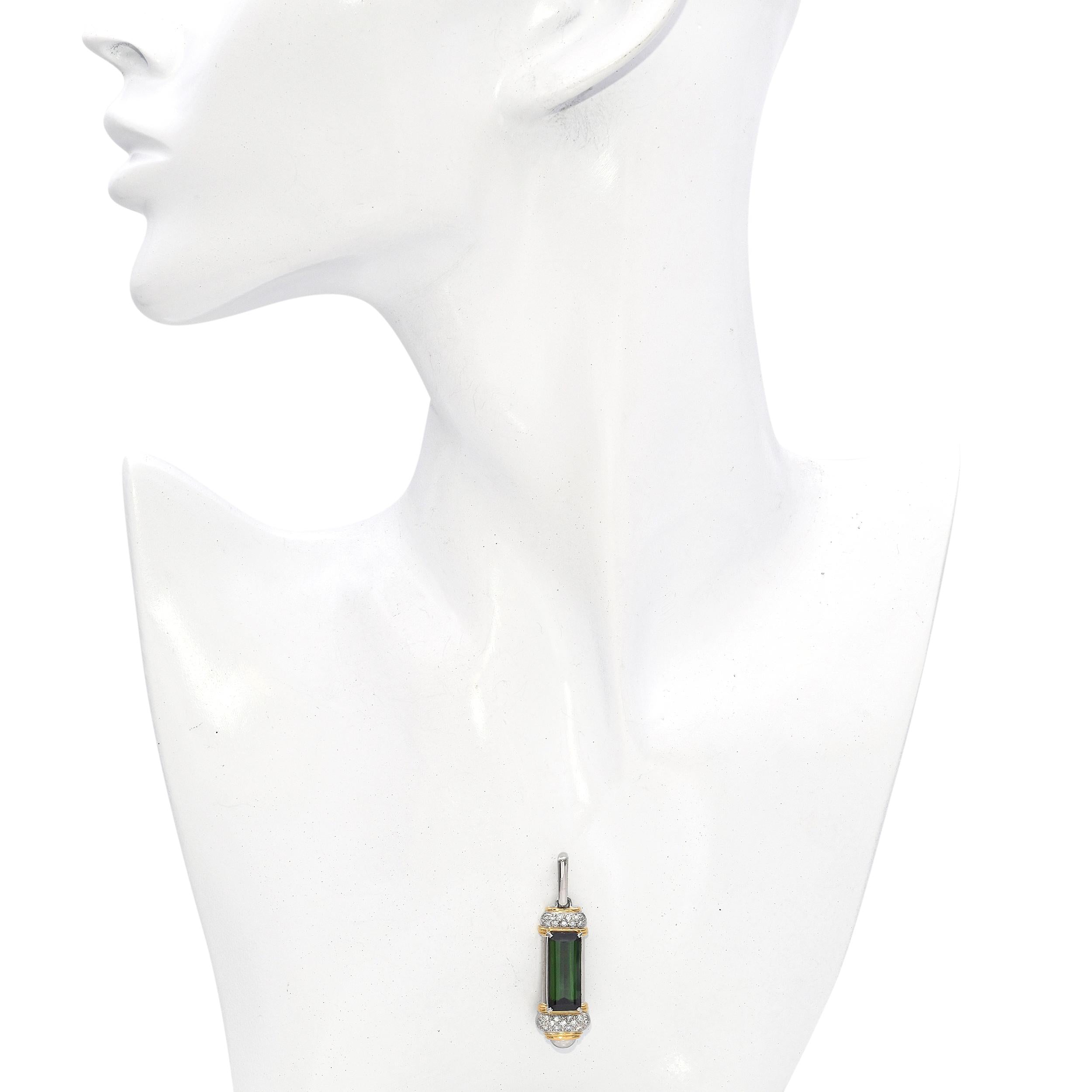 Platinum and 18k Yellow Gold Green Tourmaline and Diamond Pendant