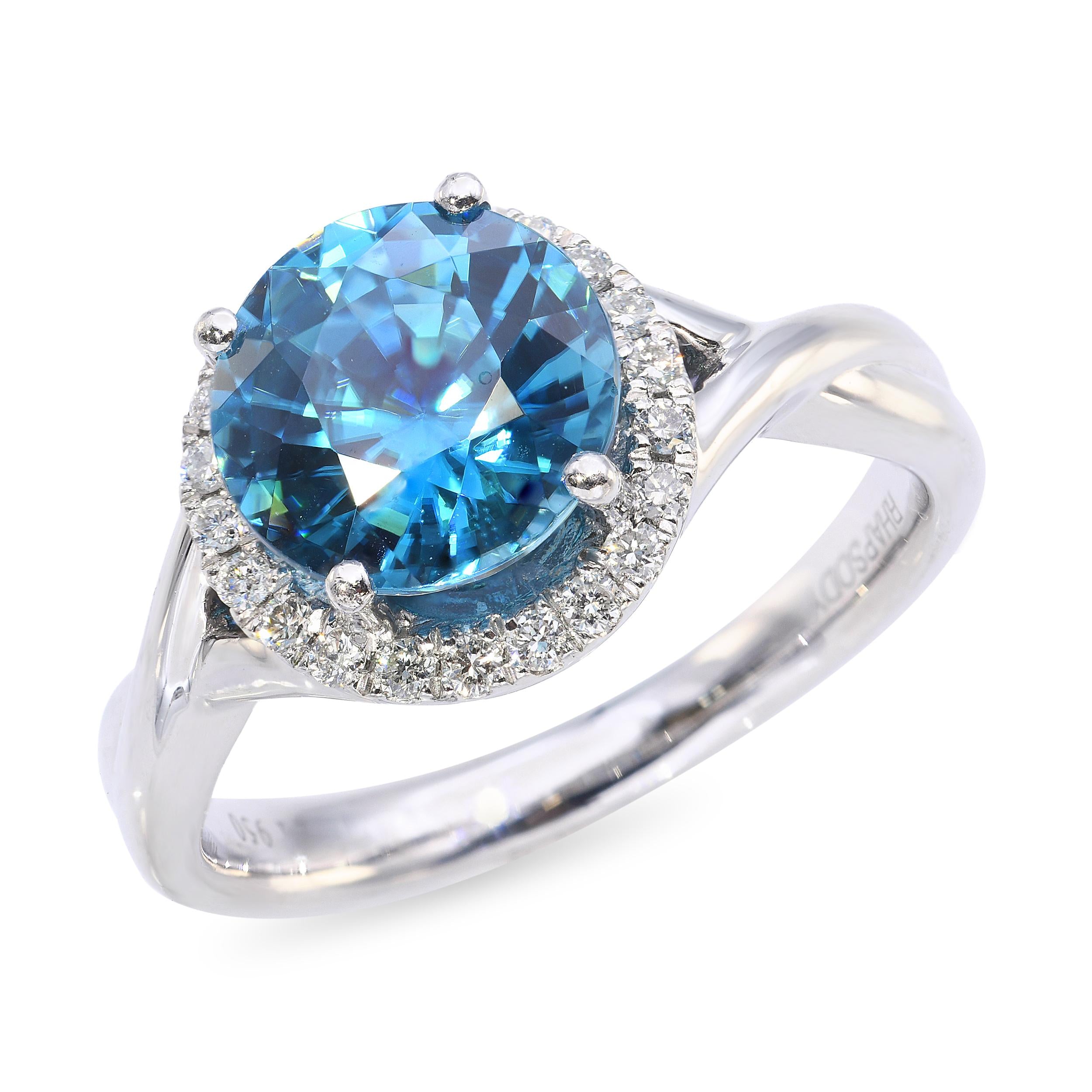 Rhapsody Platinum 2.20ct Blue Zircon and Diamond Halo Ring