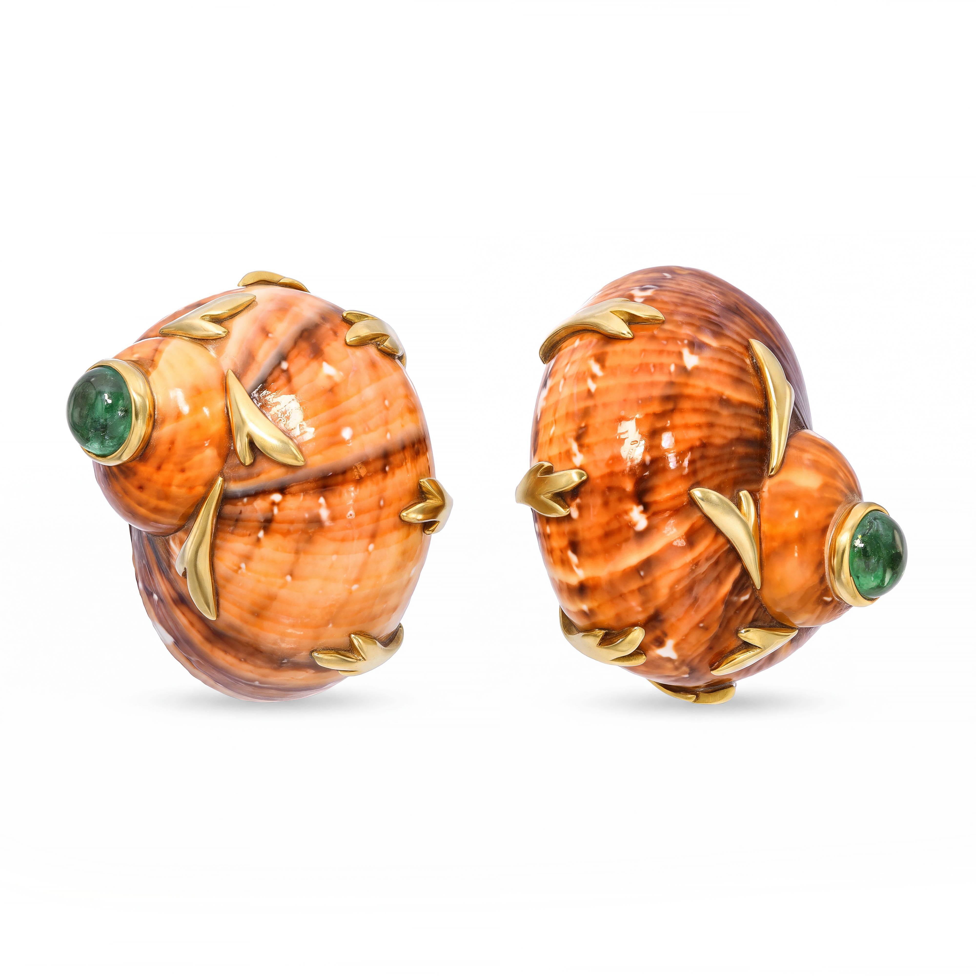 MAZ 18k Yellow Gold Turbo Shell and Tourmaline Embellished Snail Earrings