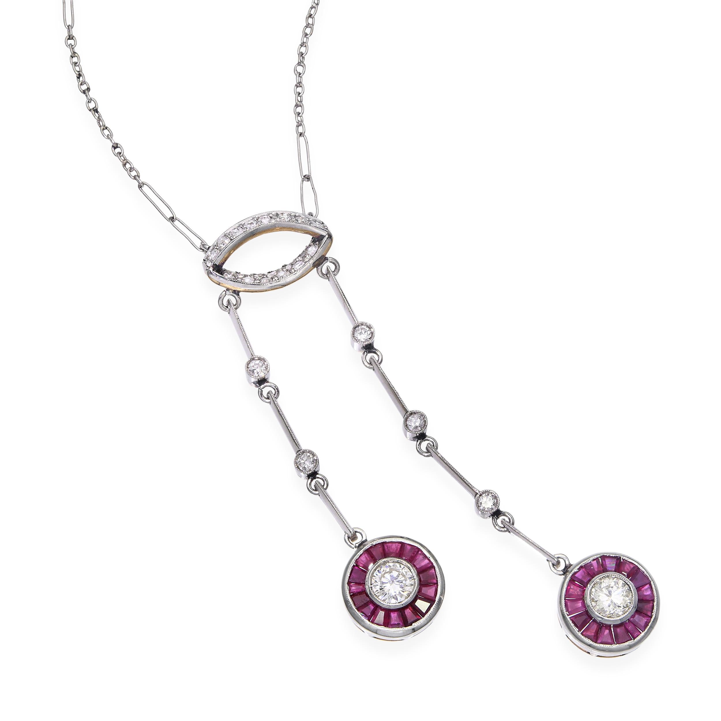 Art Deco Yellow Gold & Platinum Diamond and Ruby Drop Necklace