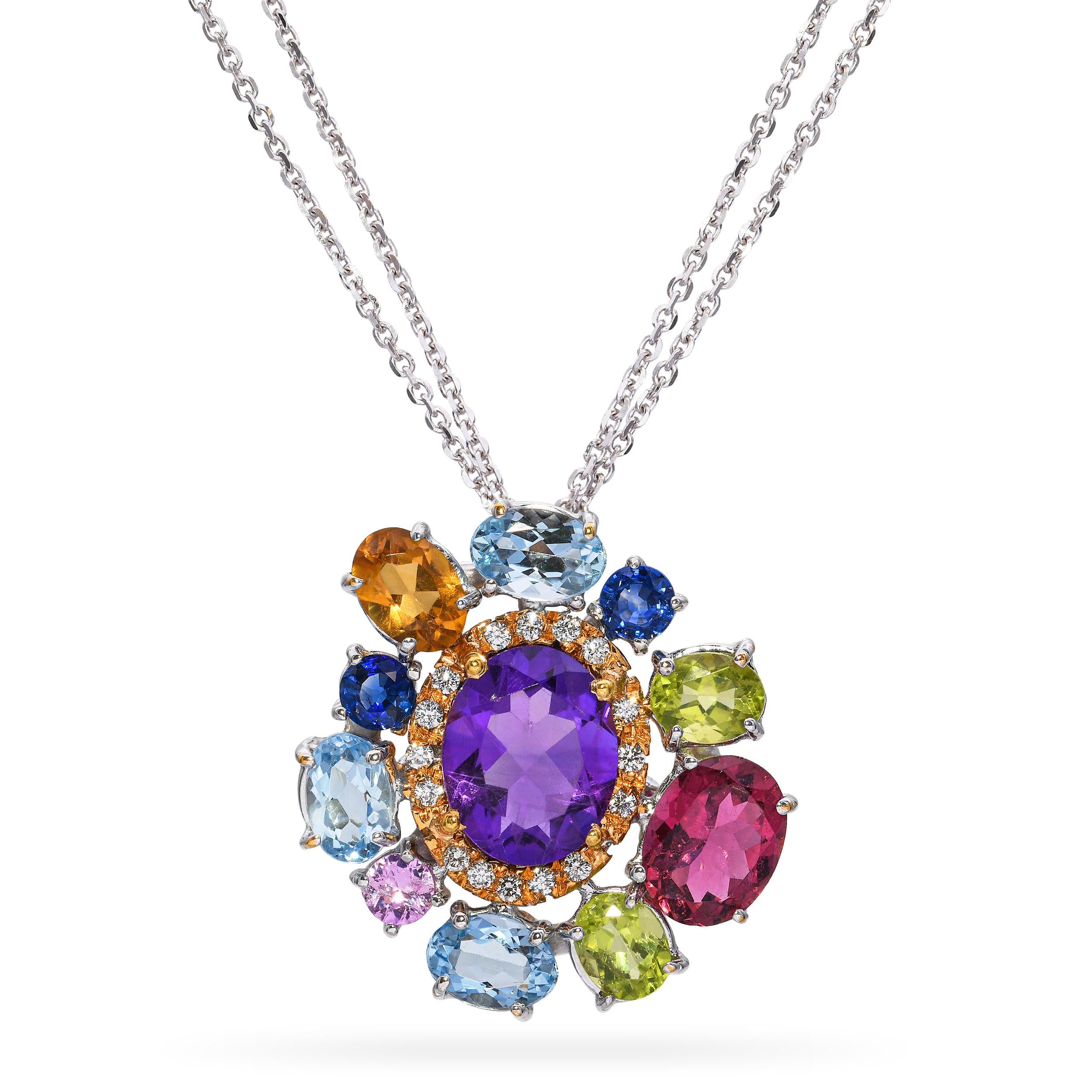 18k Two-Tone Gold Multi-Gemstone & Diamond Pendant Necklace