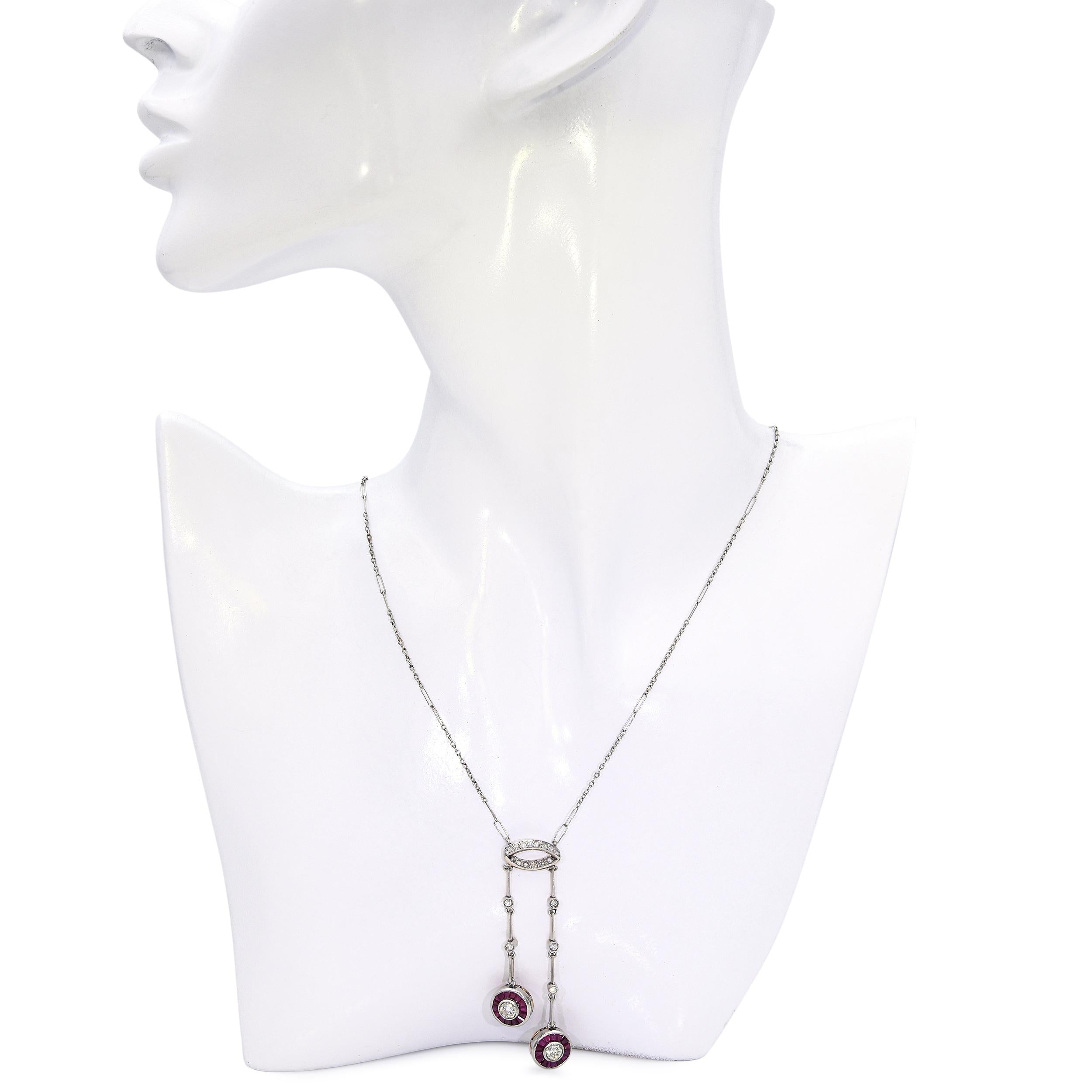 Art Deco Yellow Gold & Platinum Diamond and Ruby Drop Necklace