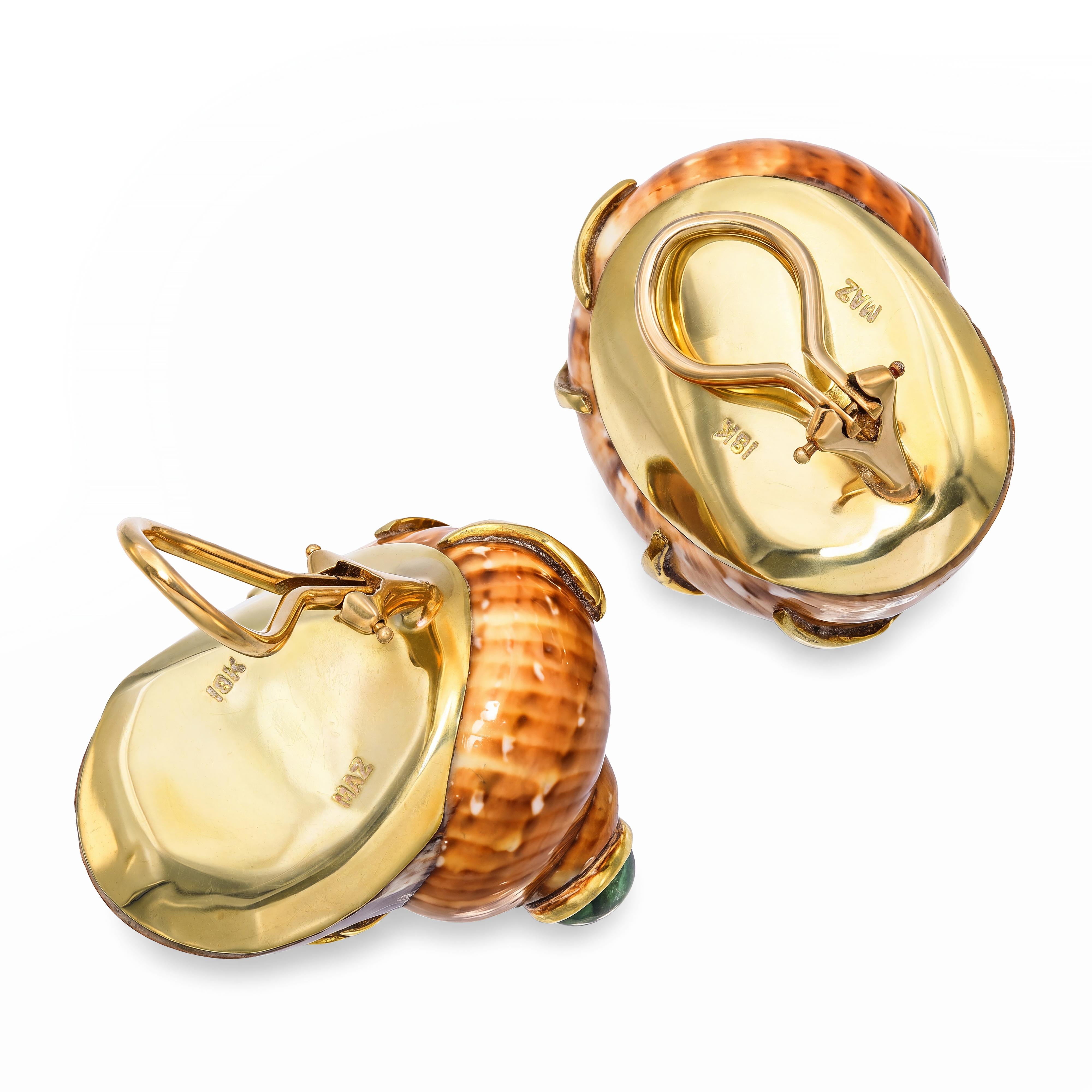 MAZ 18k Yellow Gold Turbo Shell and Tourmaline Embellished Snail Earrings