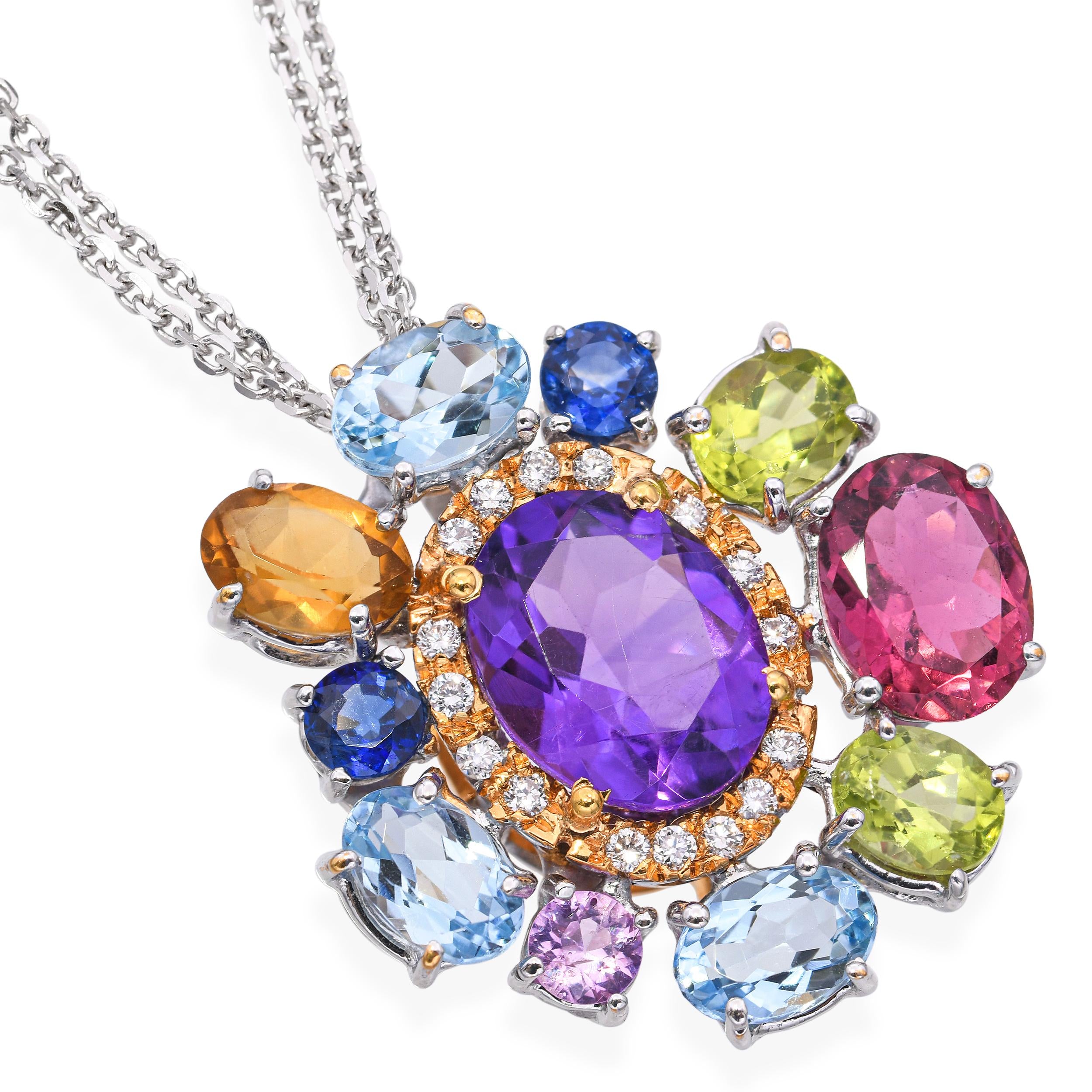 18k Two-Tone Gold Multi-Gemstone & Diamond Pendant Necklace