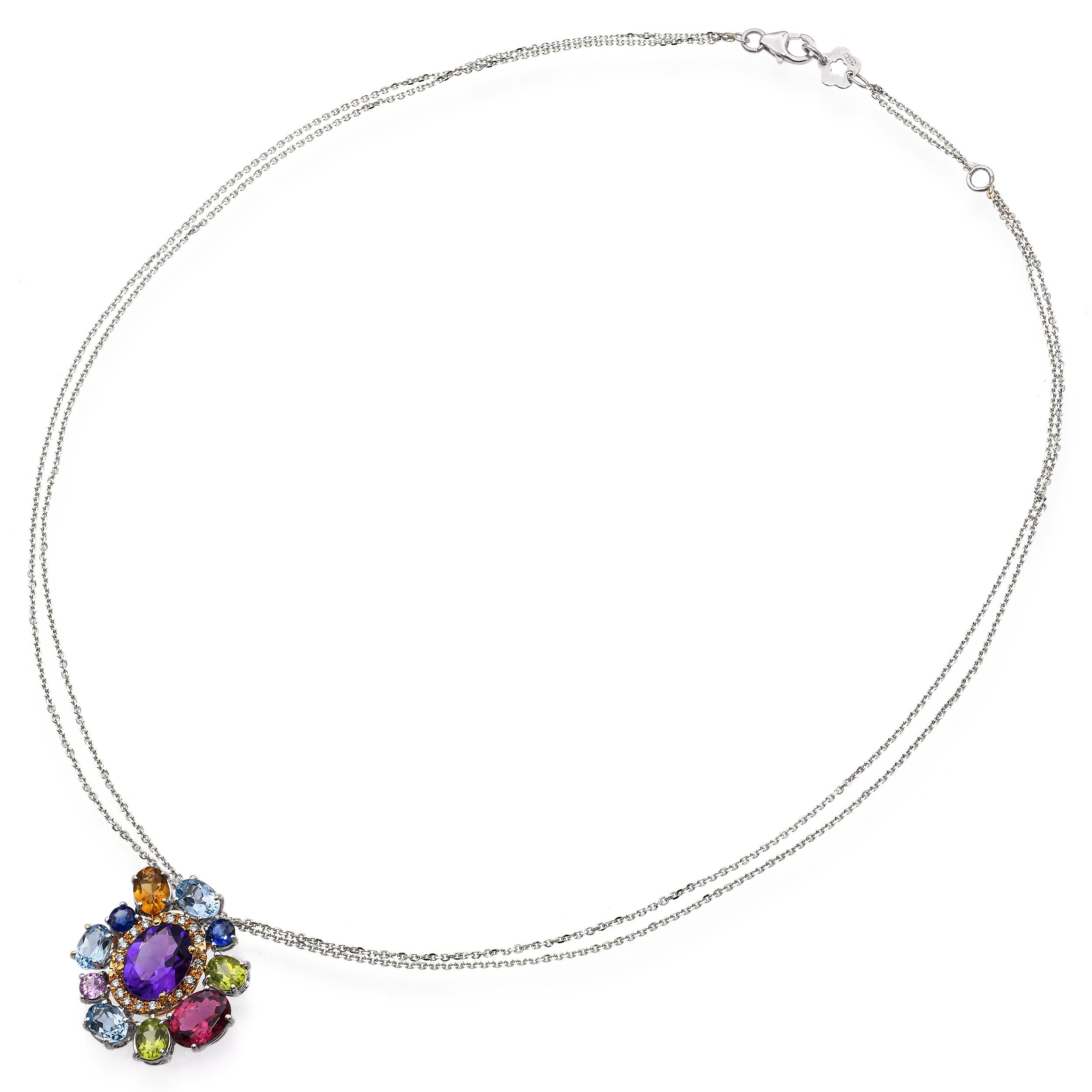 18k Two-Tone Gold Multi-Gemstone & Diamond Pendant Necklace